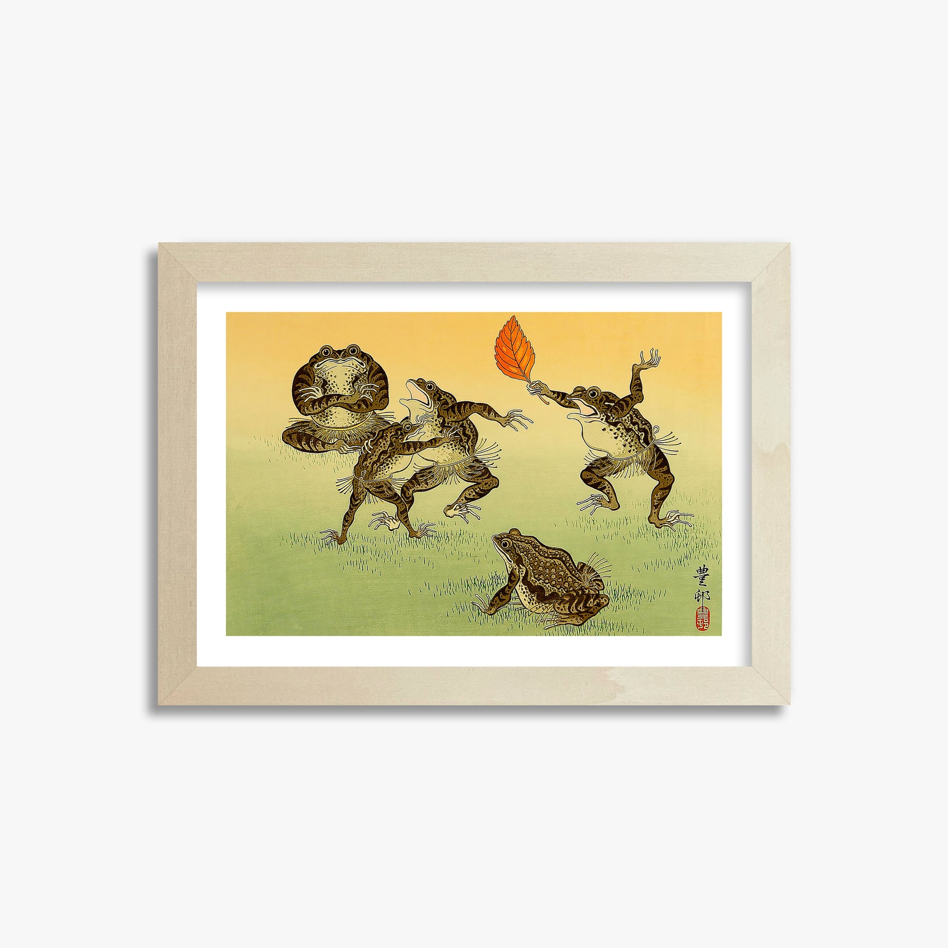 Ohara Koson: Sumo-wrestling Toads, 21x30cm Framed Art Reproduction With Lime Wood Frame