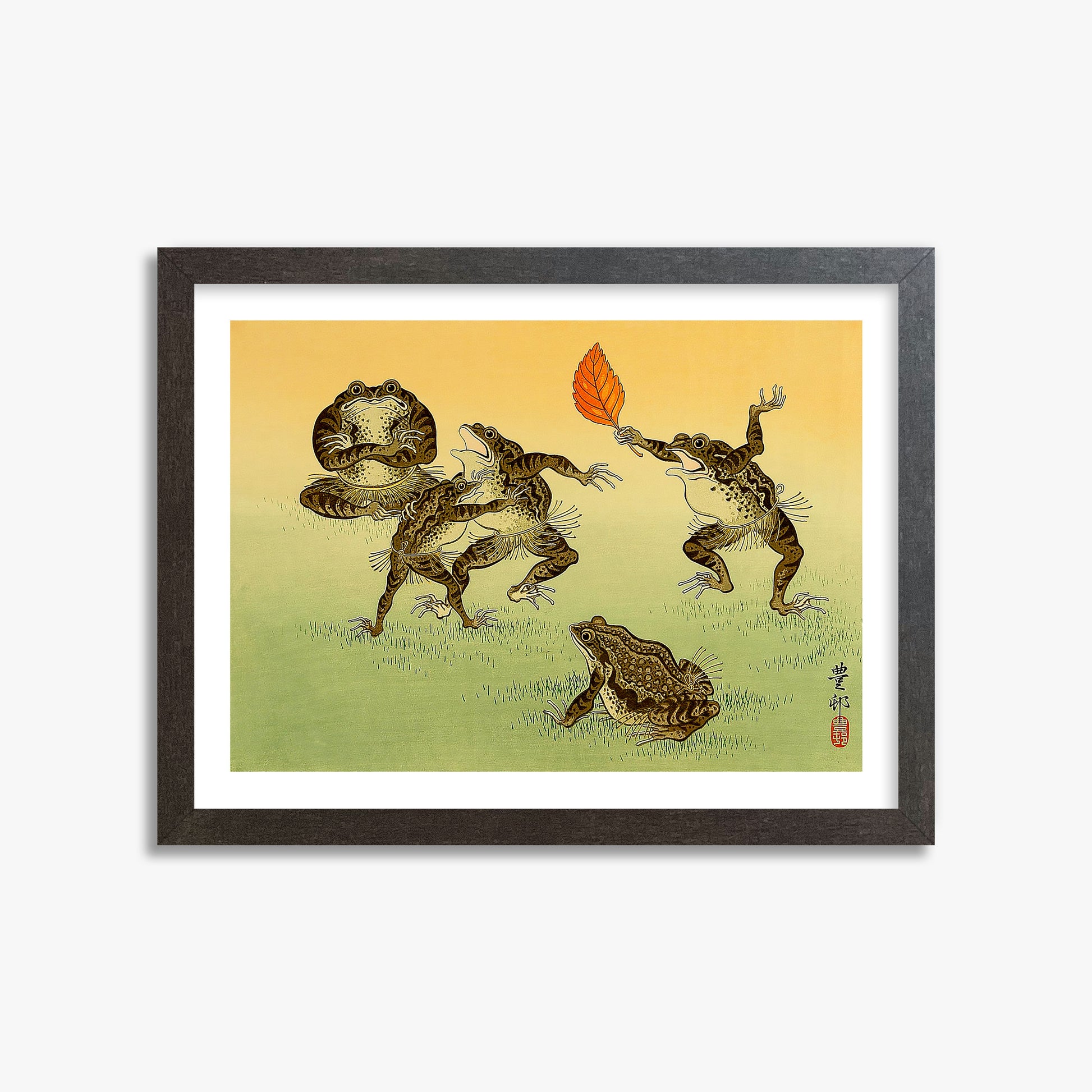 Ohara Koson: Sumo-wrestling Toads, 30x40cm Framed Art Reproduction With Espresso Frame