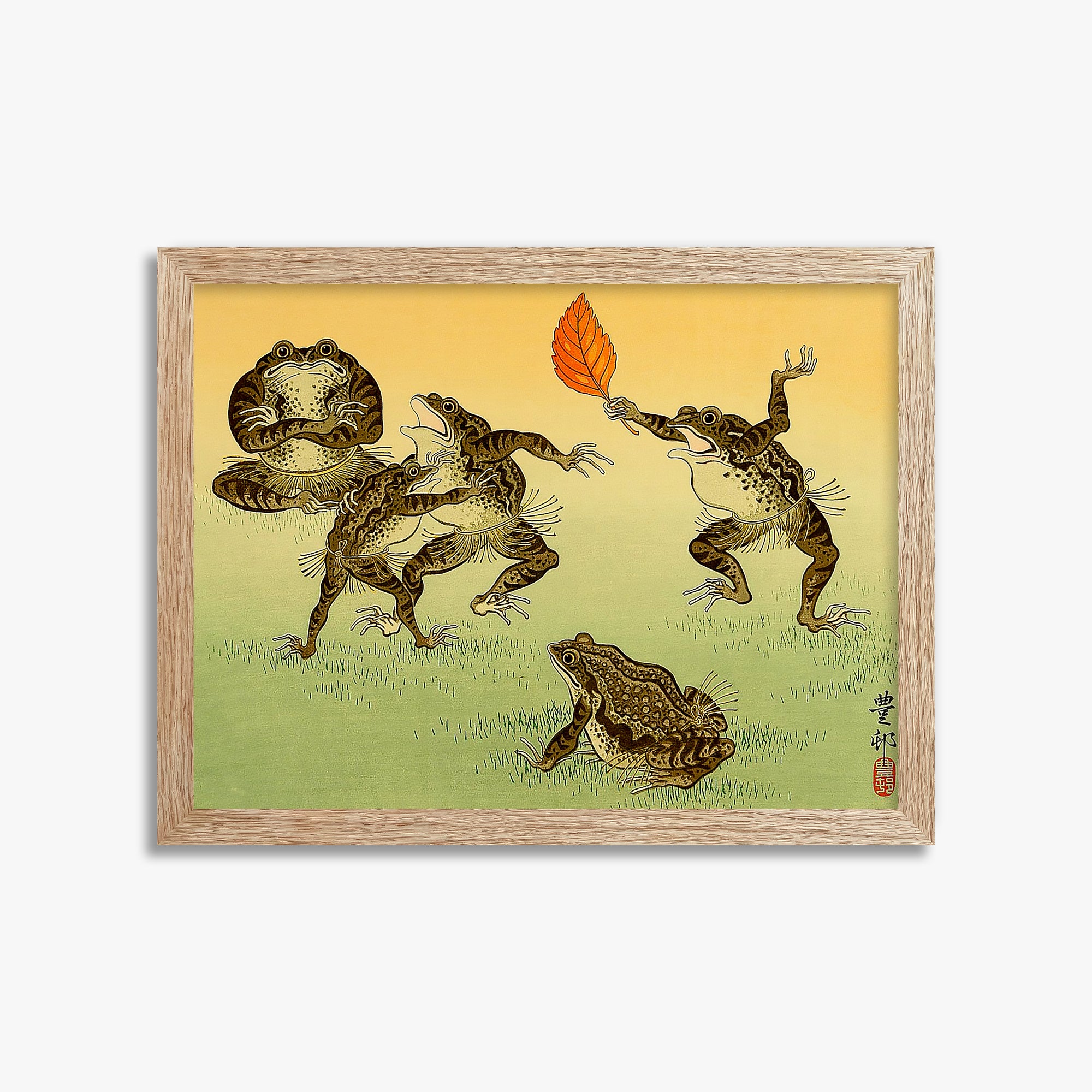 Ohara Koson: Sumo-wrestling Toads, 30x40cm Framed Art Reproduction With Raw Oak Frame
