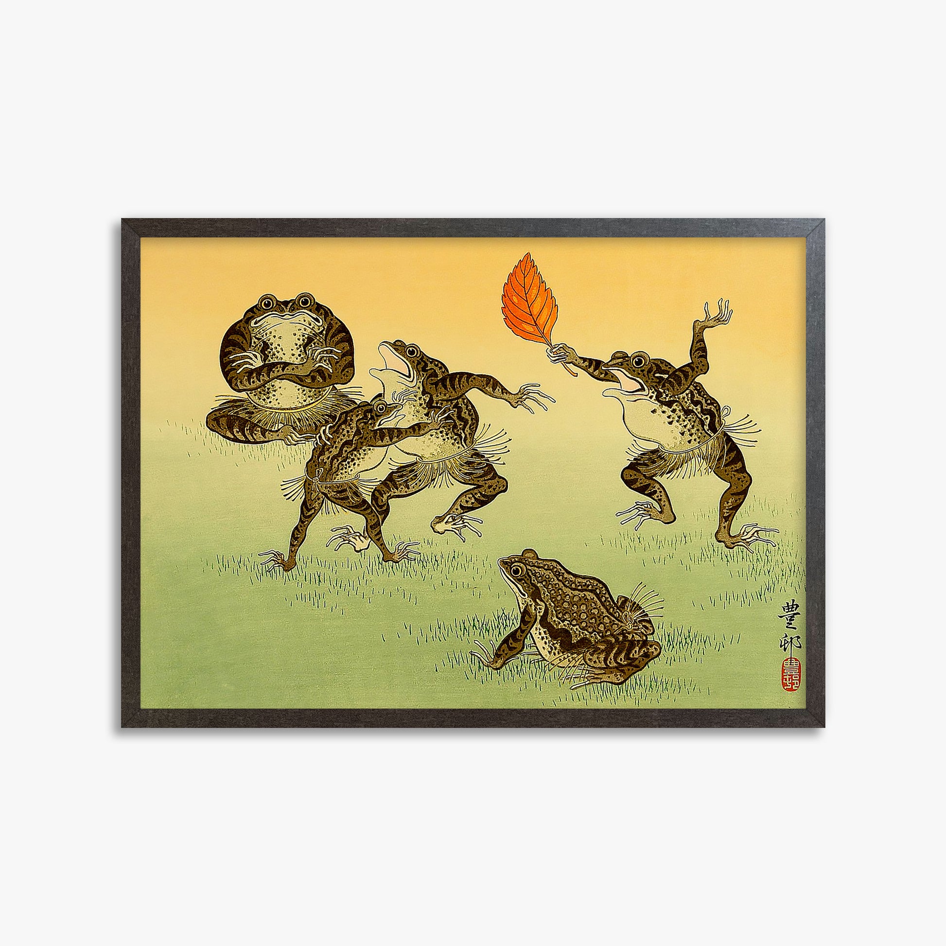 Ohara Koson: Sumo-wrestling Toads, 50x70cm Framed Art Reproduction With Espresso Frame