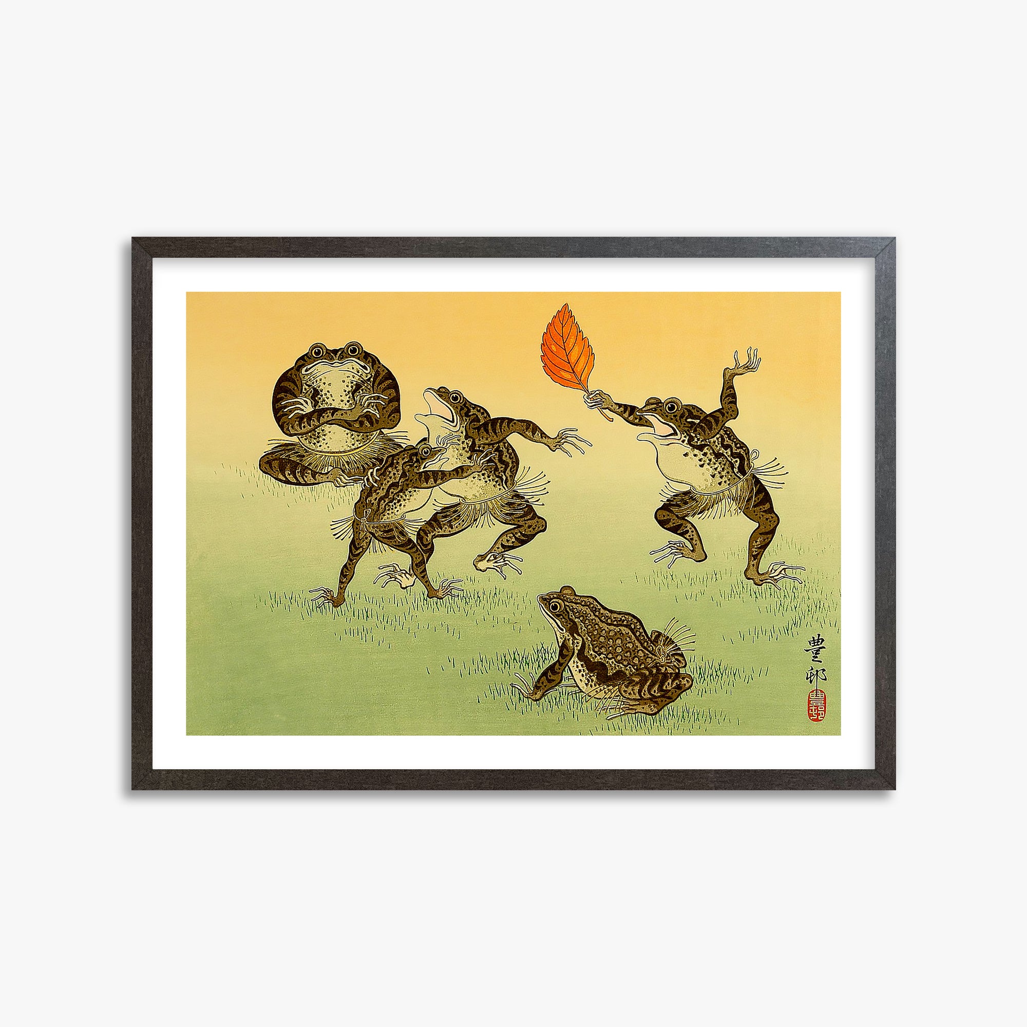 Ohara Koson: Sumo-wrestling Toads, 50x70cm Framed Art Reproduction With Espresso Frame