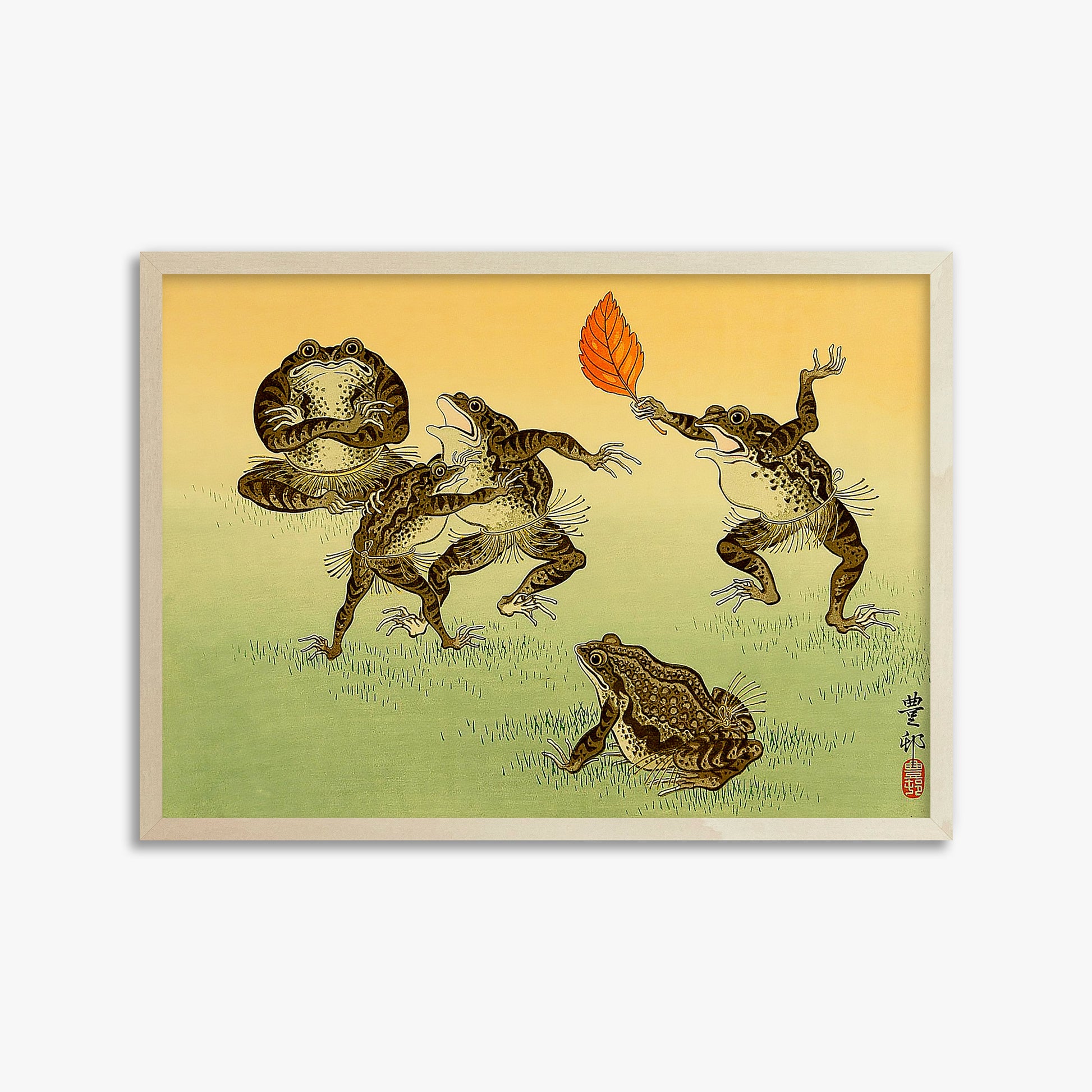 Ohara Koson: Sumo-wrestling Toads, 50x70cm Framed Art Reproduction With Lime Wood Frame