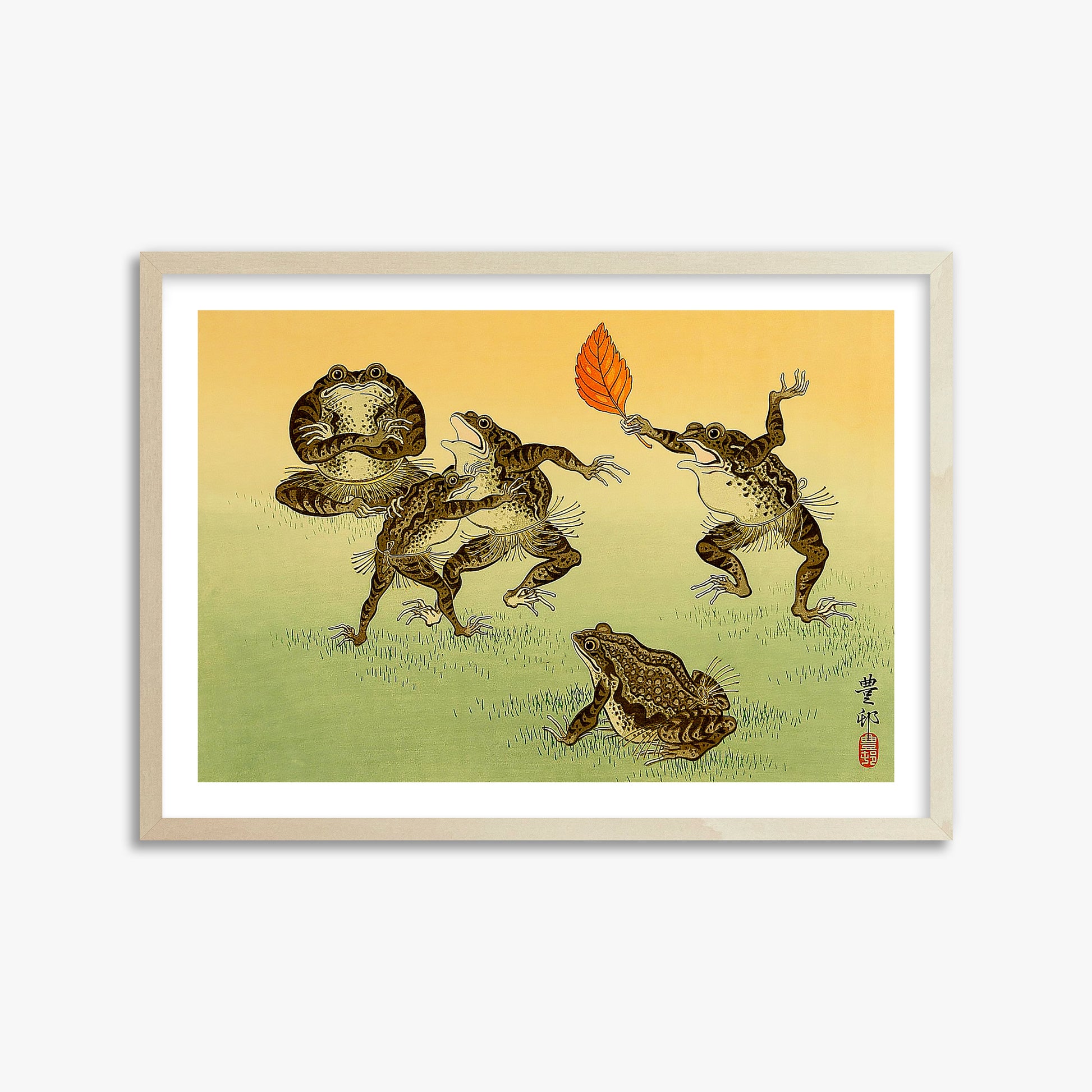 Ohara Koson: Sumo-wrestling Toads, 50x70cm Framed Art Reproduction With Lime Wood Frame