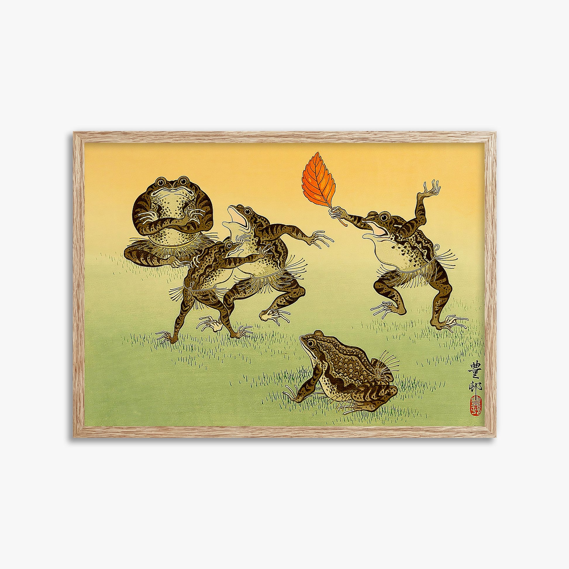 Ohara Koson: Sumo-wrestling Toads, 50x70cm Framed Art Reproduction With Raw Oak Frame