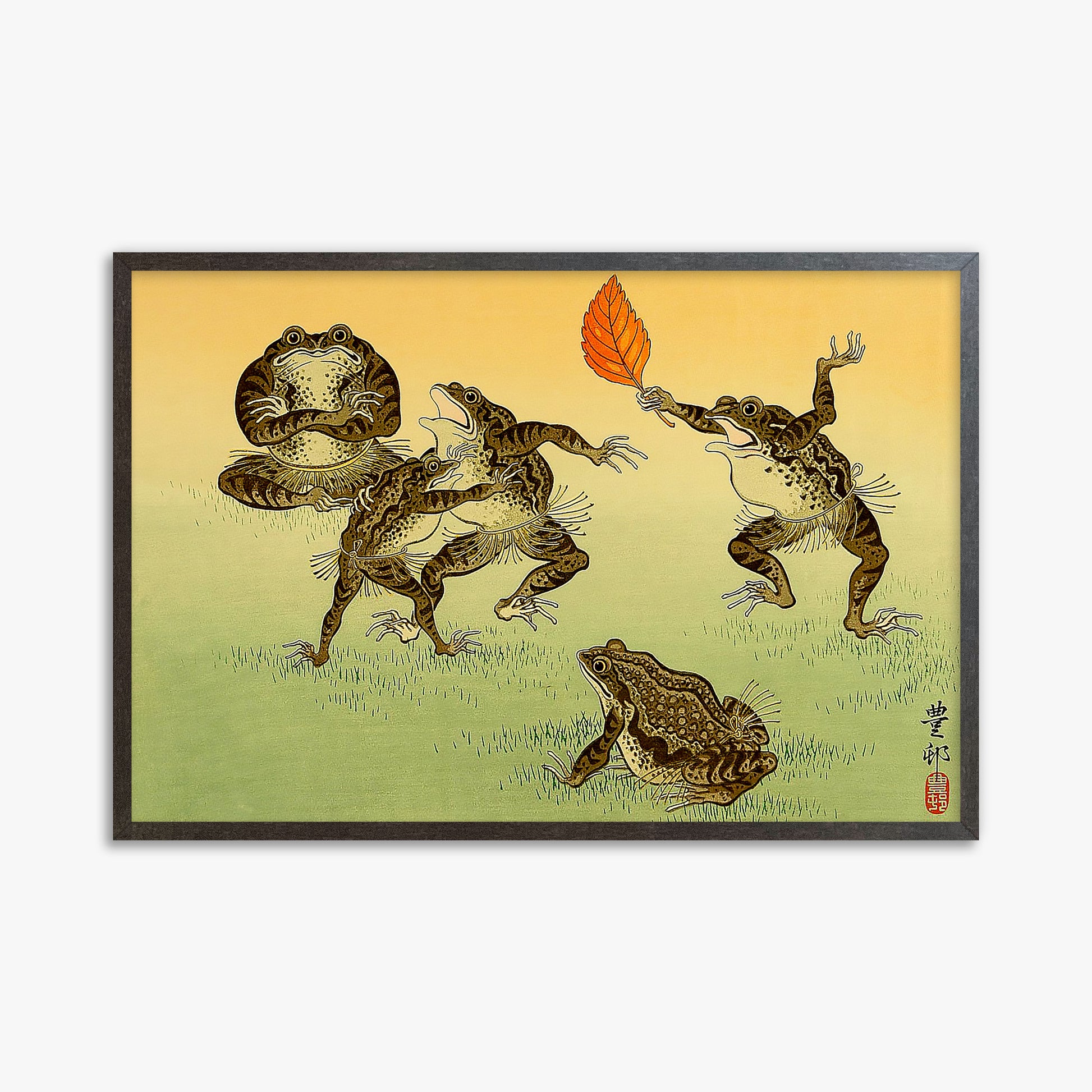 Ohara Koson: Sumo-wrestling Toads, 61x91cm Framed Art Reproduction With Espresso Frame
