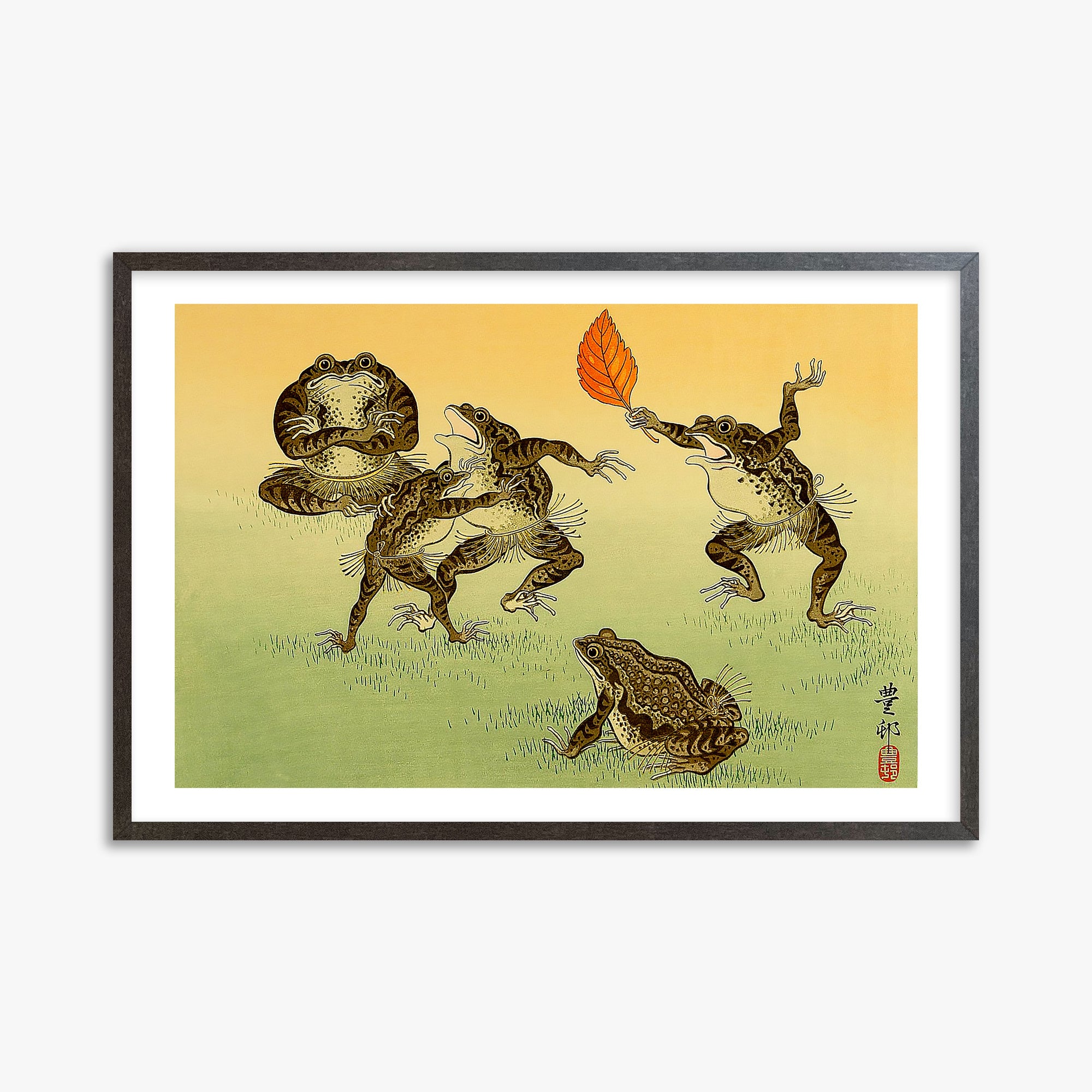 Ohara Koson: Sumo-wrestling Toads, 61x91cm Framed Art Reproduction With Espresso Frame