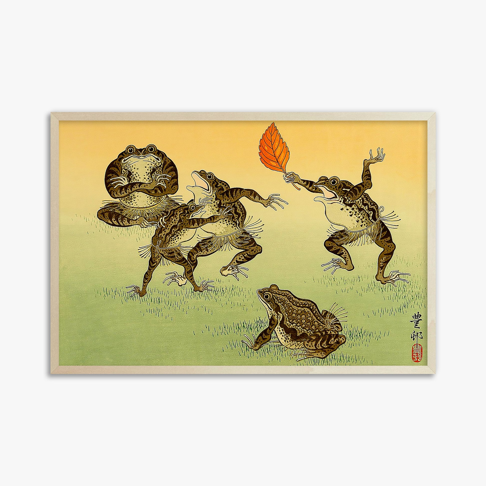 Ohara Koson: Sumo-wrestling Toads, 61x91cm Framed Art Reproduction With Lime Wood Frame
