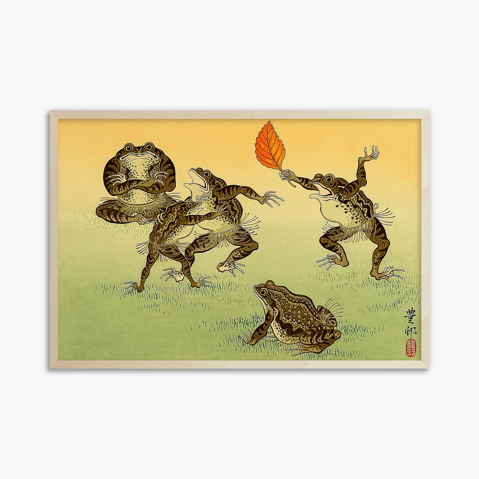 Ohara Koson: Sumo-wrestling Toads, 61x91cm Framed Art Reproduction With Lime Wood Frame