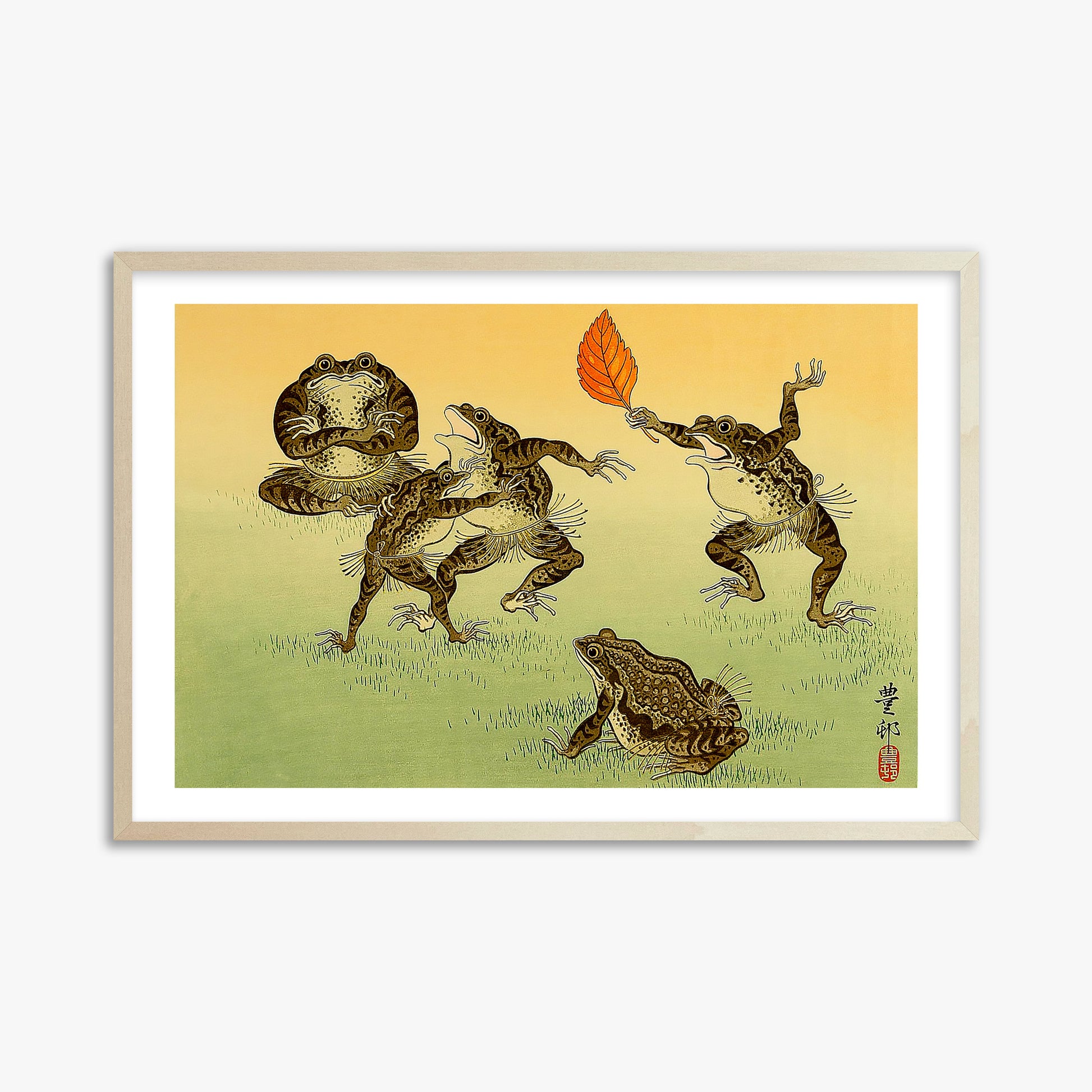 Ohara Koson: Sumo-wrestling Toads, 61x91cm Framed Art Reproduction With Lime Wood Frame