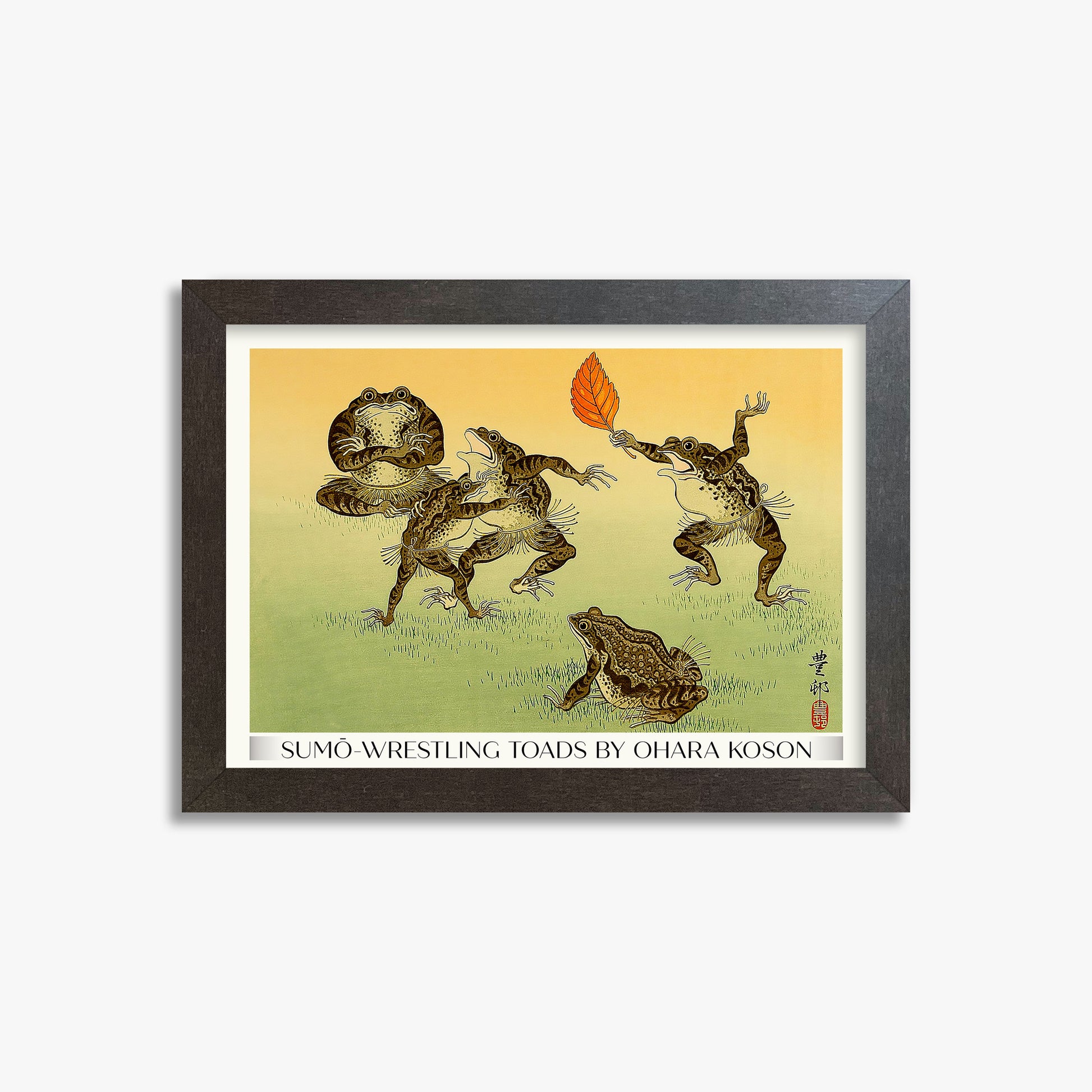 Ohara Koson: Sumo-wrestling Toads - Gallery-Style, 21x30cm Framed Art Reproduction With Espresso Frame