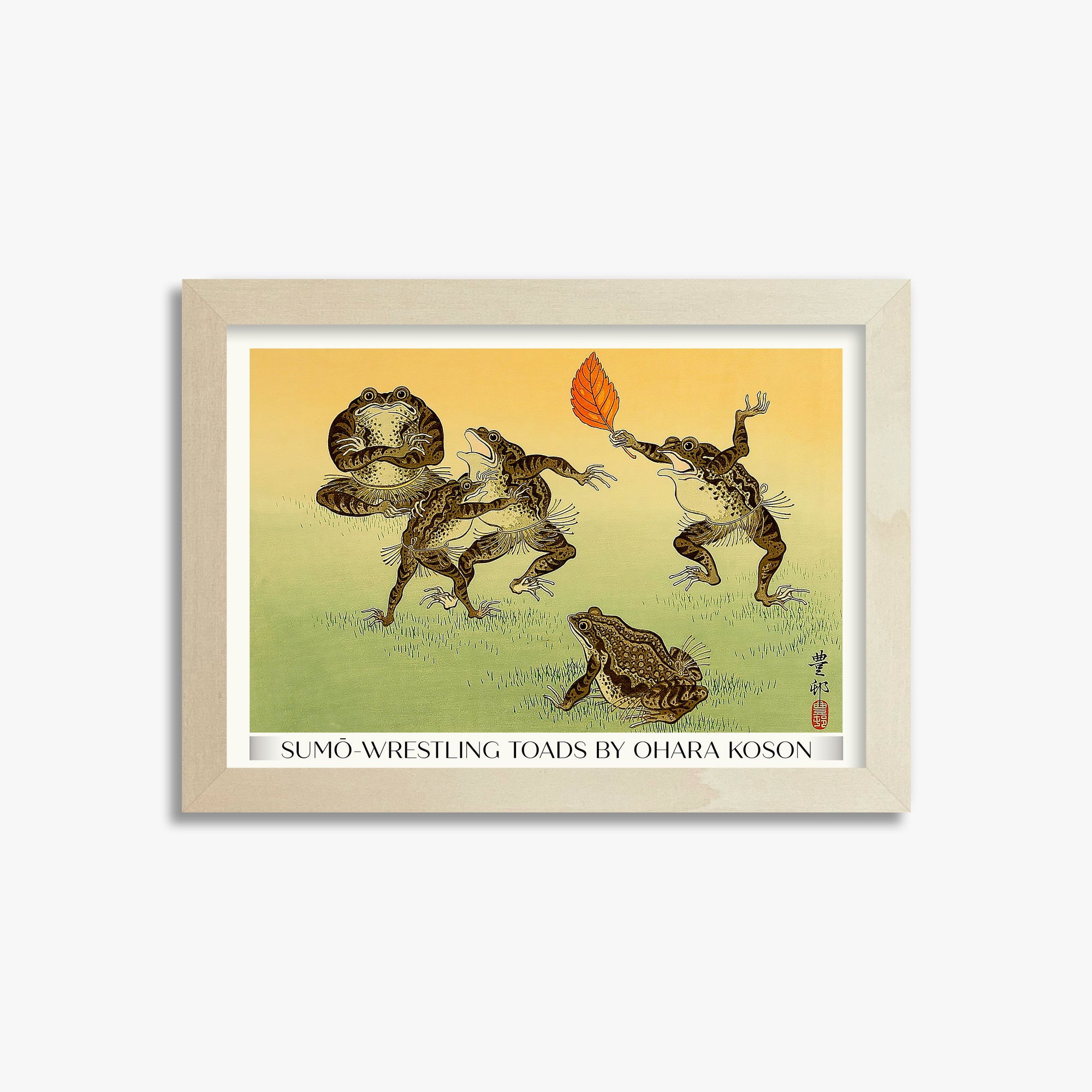 Ohara Koson: Sumo-wrestling Toads - Gallery-Style, 21x30cm Framed Art Reproduction With Lime Wood Frame