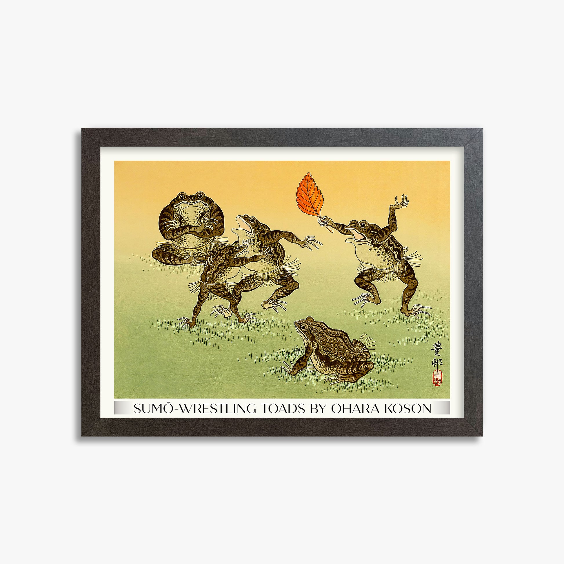 Ohara Koson: Sumo-wrestling Toads - Gallery-Style, 30x40cm Framed Art Reproduction With Espresso Frame