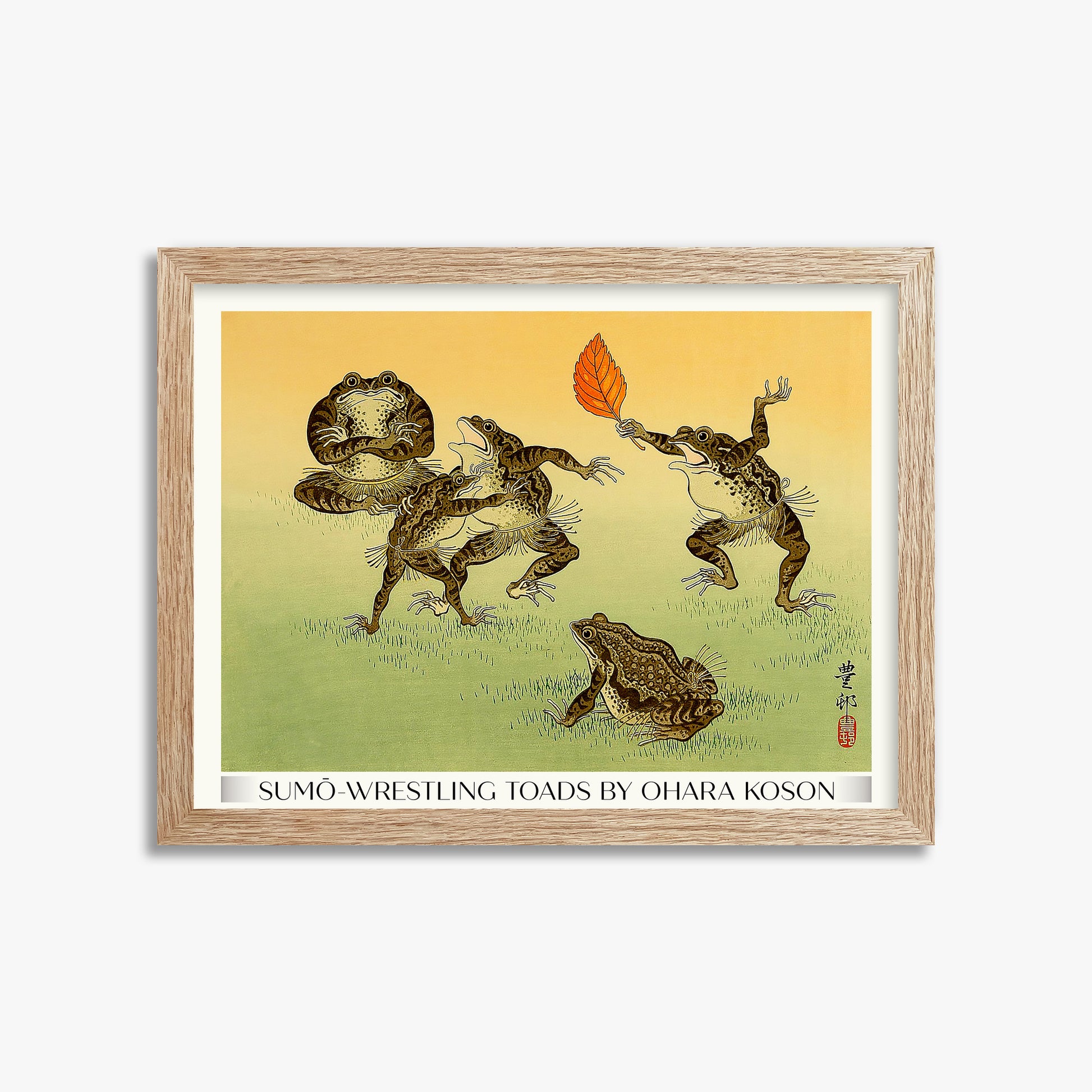Ohara Koson: Sumo-wrestling Toads - Gallery-Style, 30x40cm Framed Art Reproduction With Raw Oak Frame