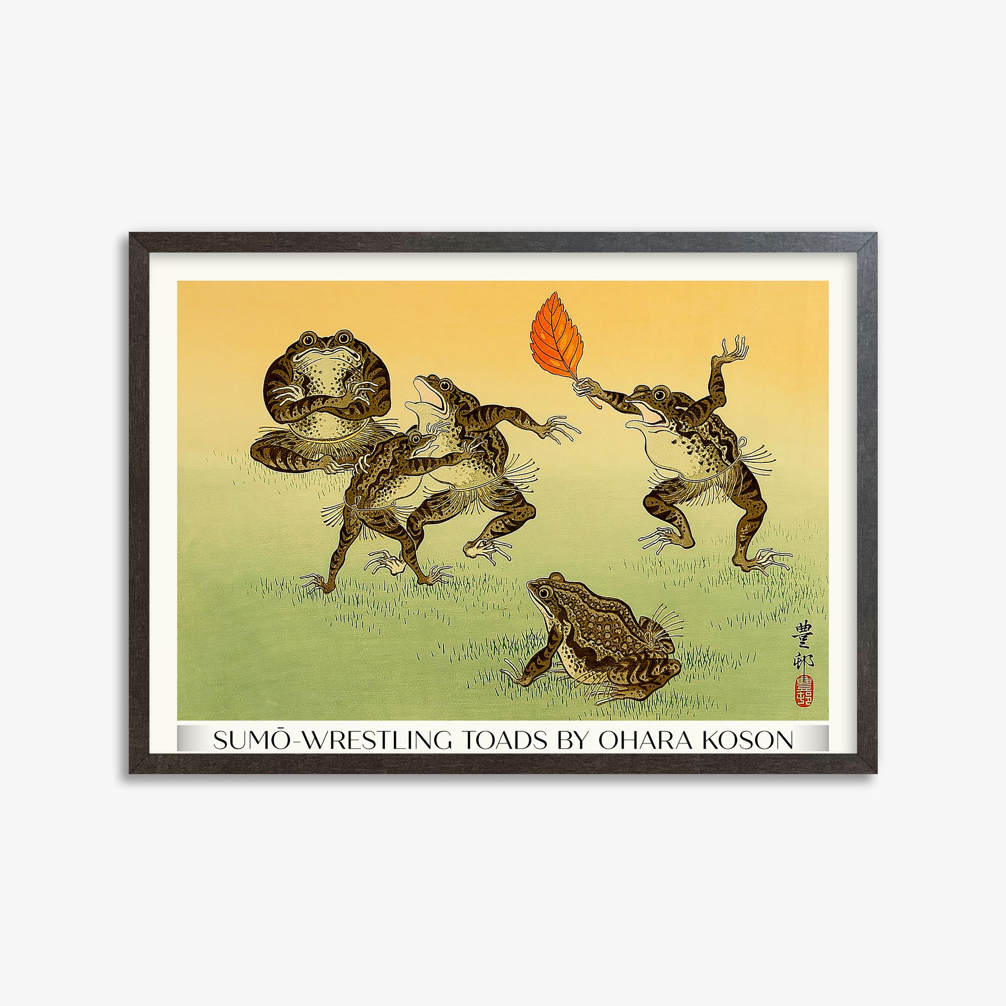 Ohara Koson: Sumo-wrestling Toads - Gallery-Style, 50x70cm Framed Art Reproduction With Espresso Frame