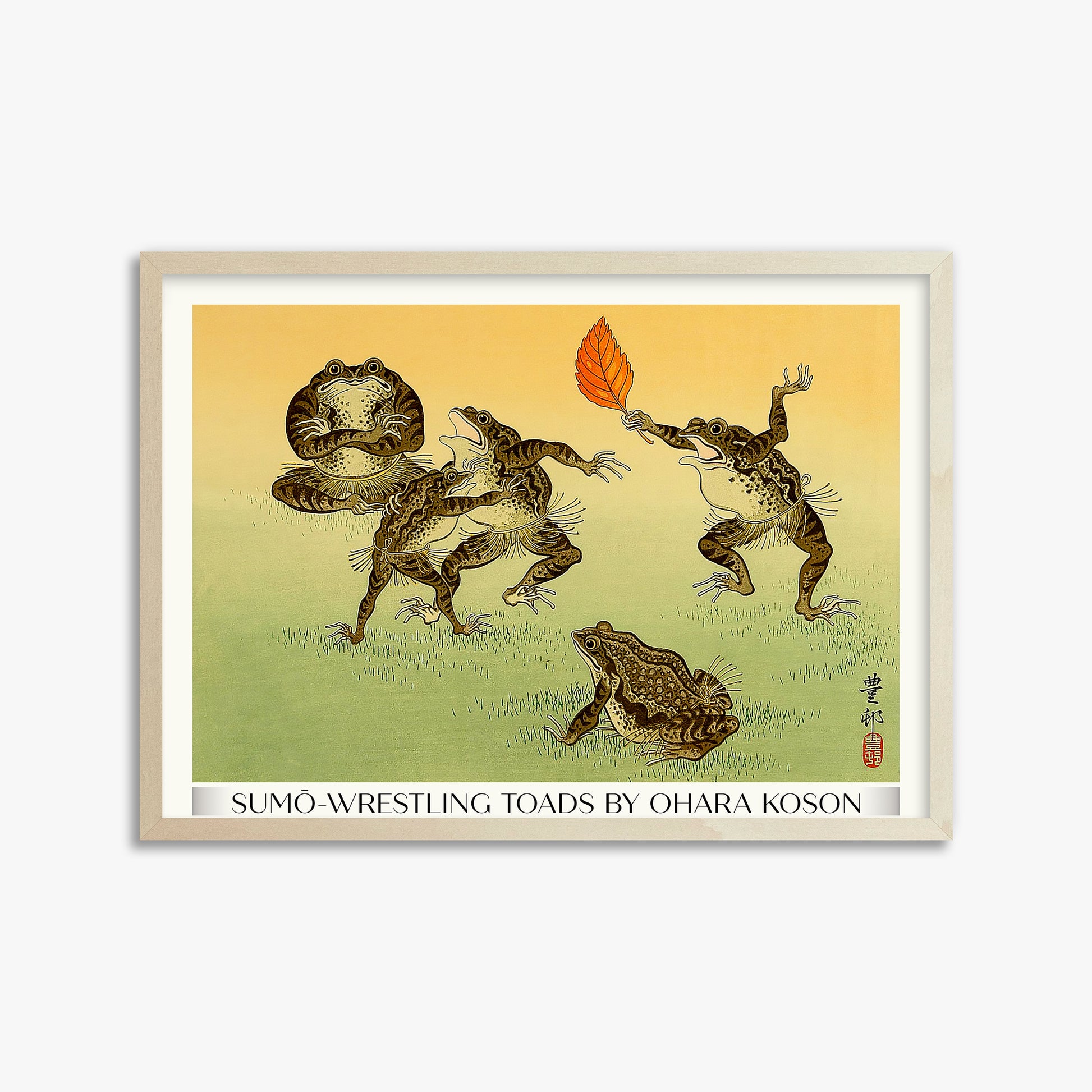 Ohara Koson: Sumo-wrestling Toads - Gallery-Style, 50x70cm Framed Art Reproduction With Lime Wood Frame