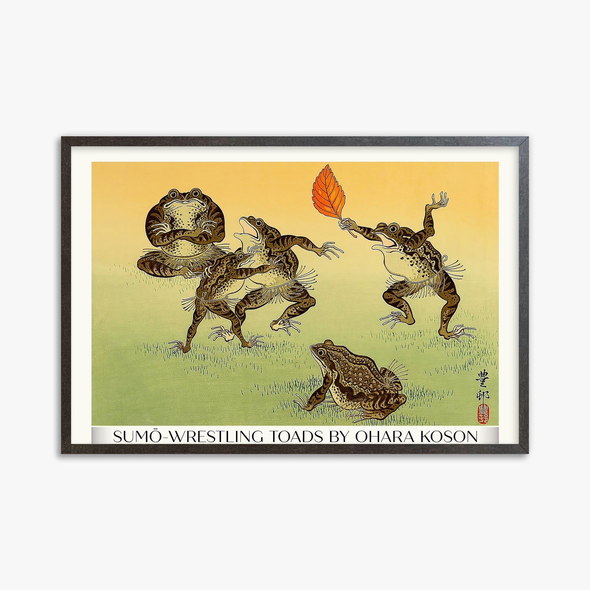 Ohara Koson: Sumo-wrestling Toads - Gallery-Style, 61x91cm Framed Art Reproduction With Espresso Frame