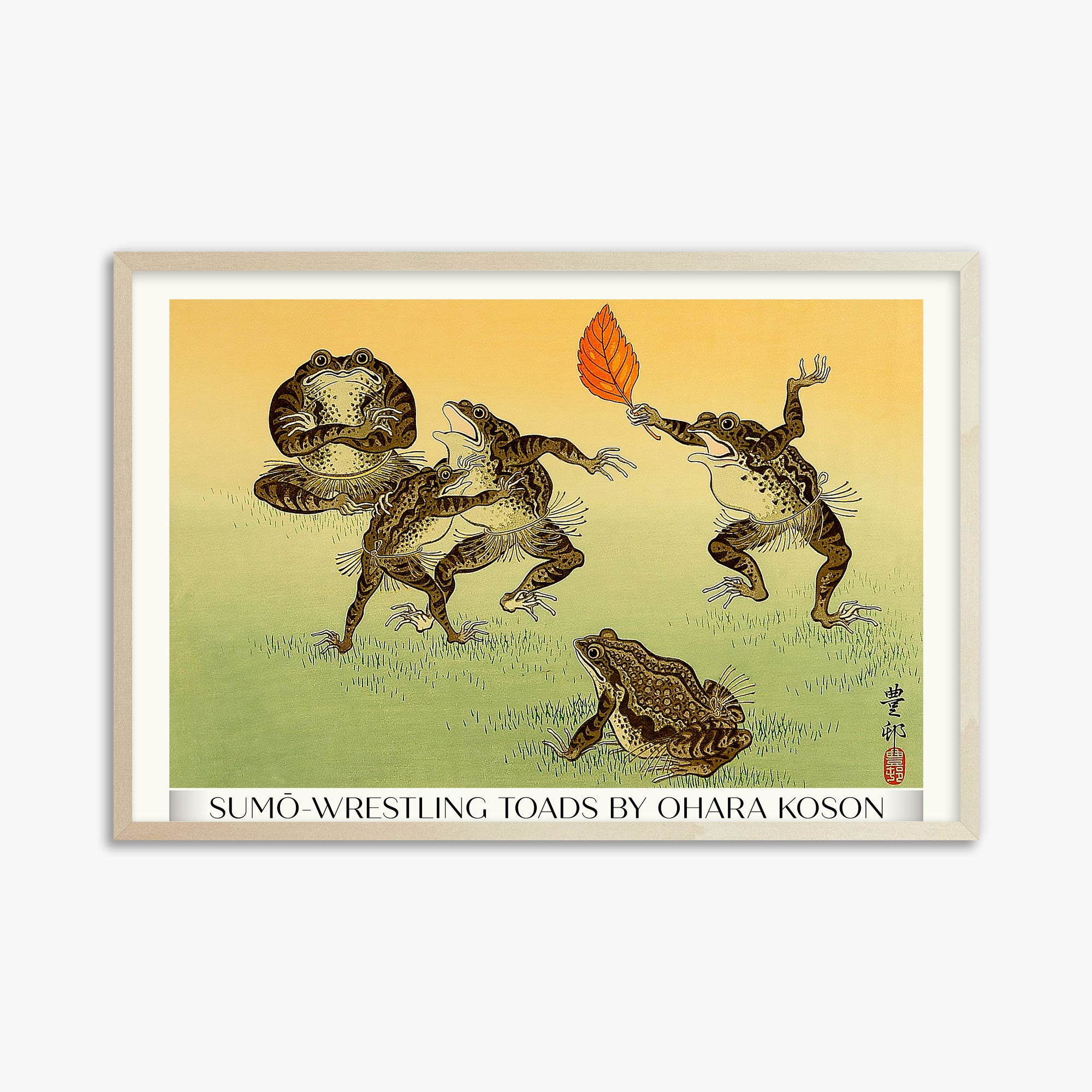 Ohara Koson: Sumo-wrestling Toads - Gallery-Style, 61x91cm Framed Art Reproduction With Lime Wood Frame