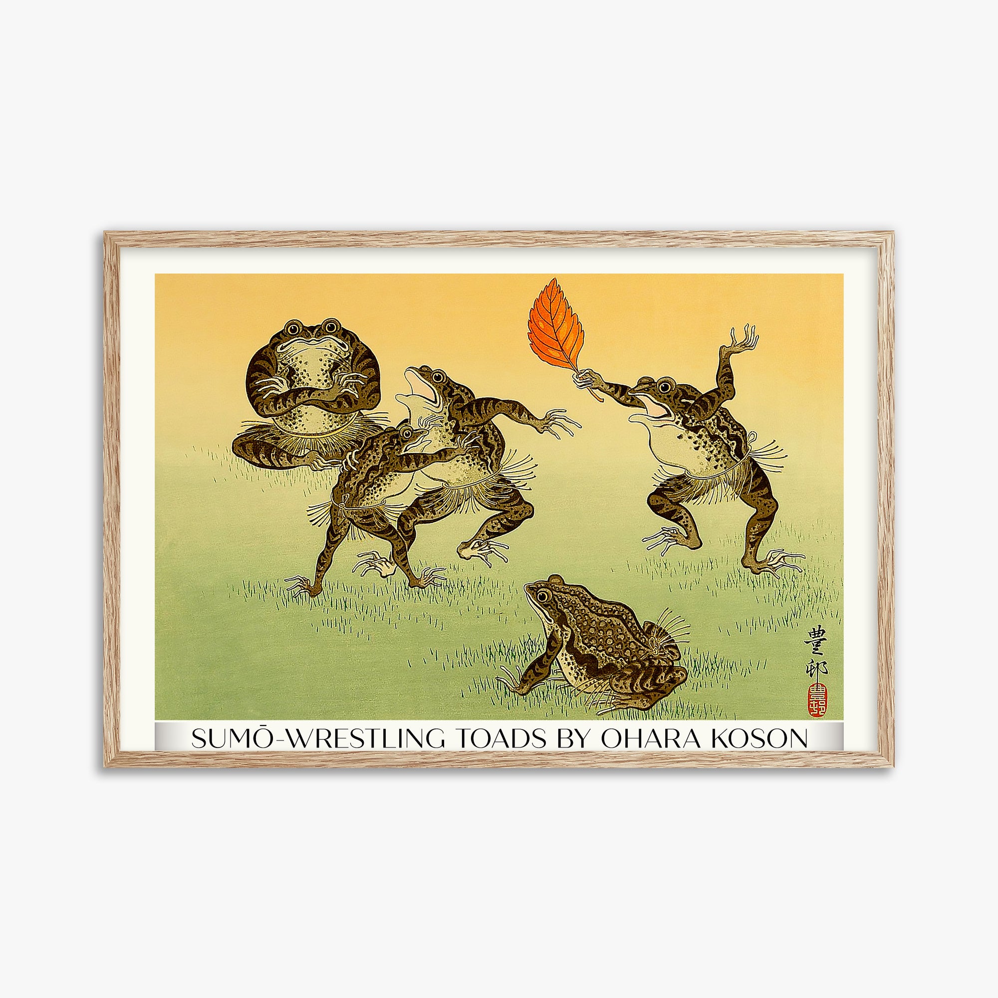 Ohara Koson: Sumo-wrestling Toads - Gallery-Style, 61x91cm Framed Art Reproduction With Raw Oak Frame