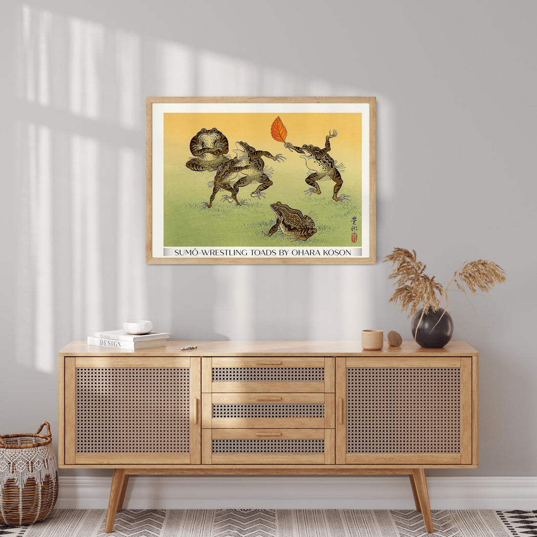 Ohara Koson: Sumo-wrestling Toads - Gallery-Style 50x70 cm Art Reproduction With Black Frame