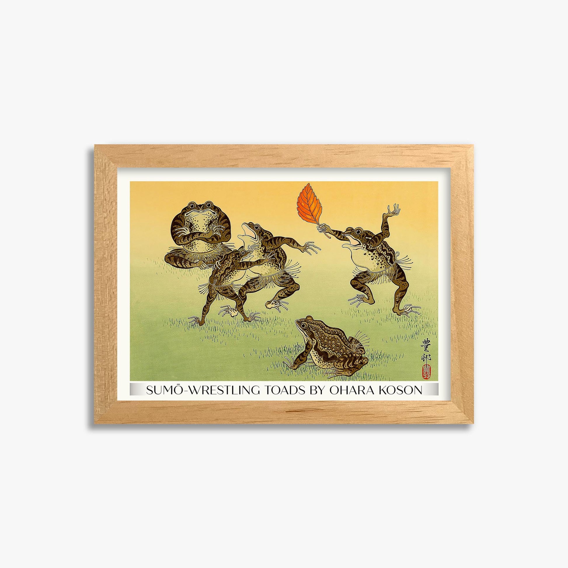 Ohara Koson: Sumo-wrestling Toads - Gallery-Style 21x30 cm Art Reproduction With Oak Frame