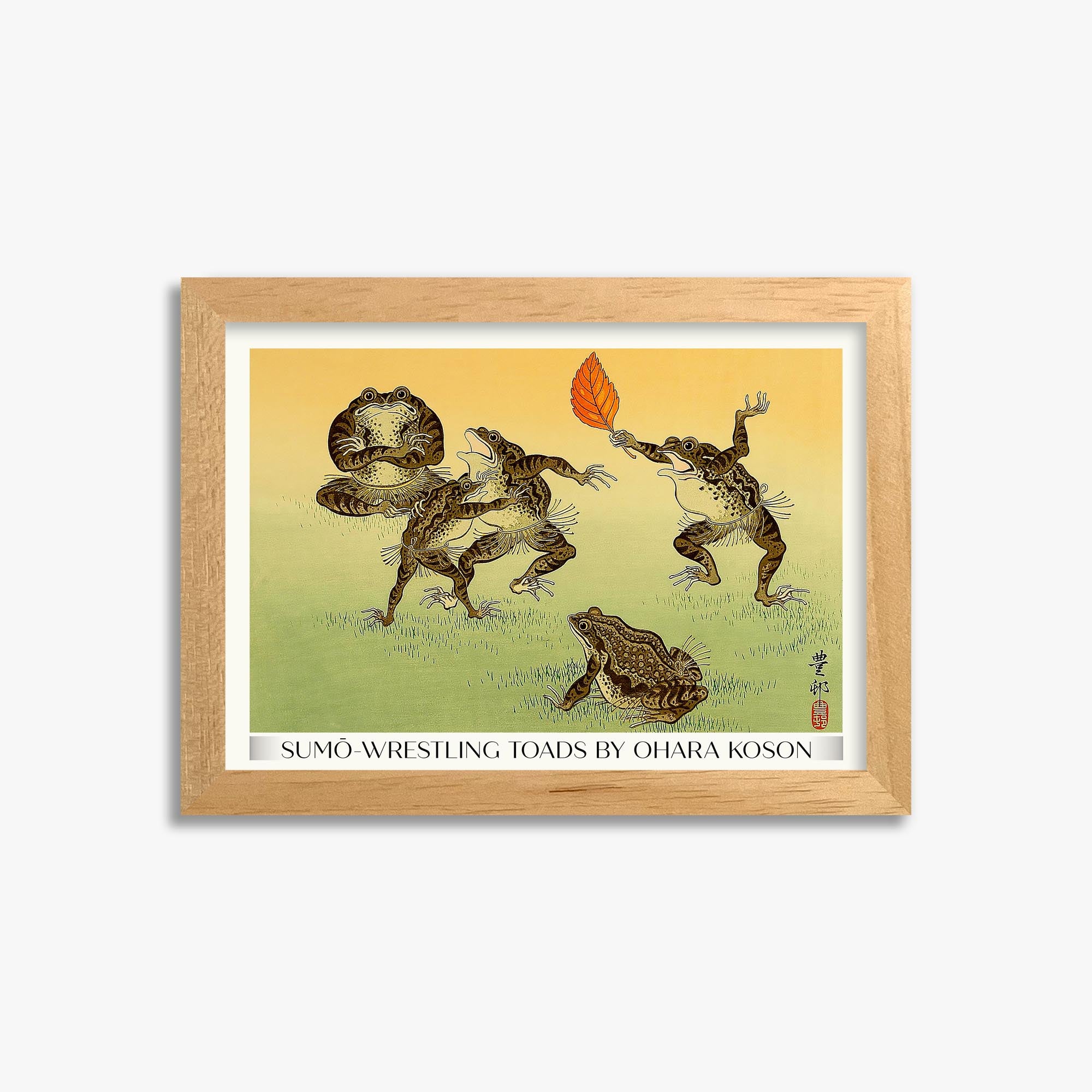 Ohara Koson: Sumo-wrestling Toads - Gallery-Style 21x30 cm Art Reproduction With Oak Frame