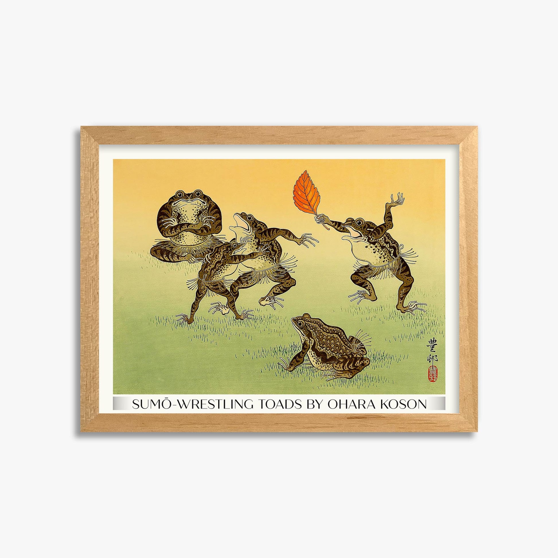 Ohara Koson: Sumo-wrestling Toads - Gallery-Style 30x40 cm Art Reproduction With Oak Frame