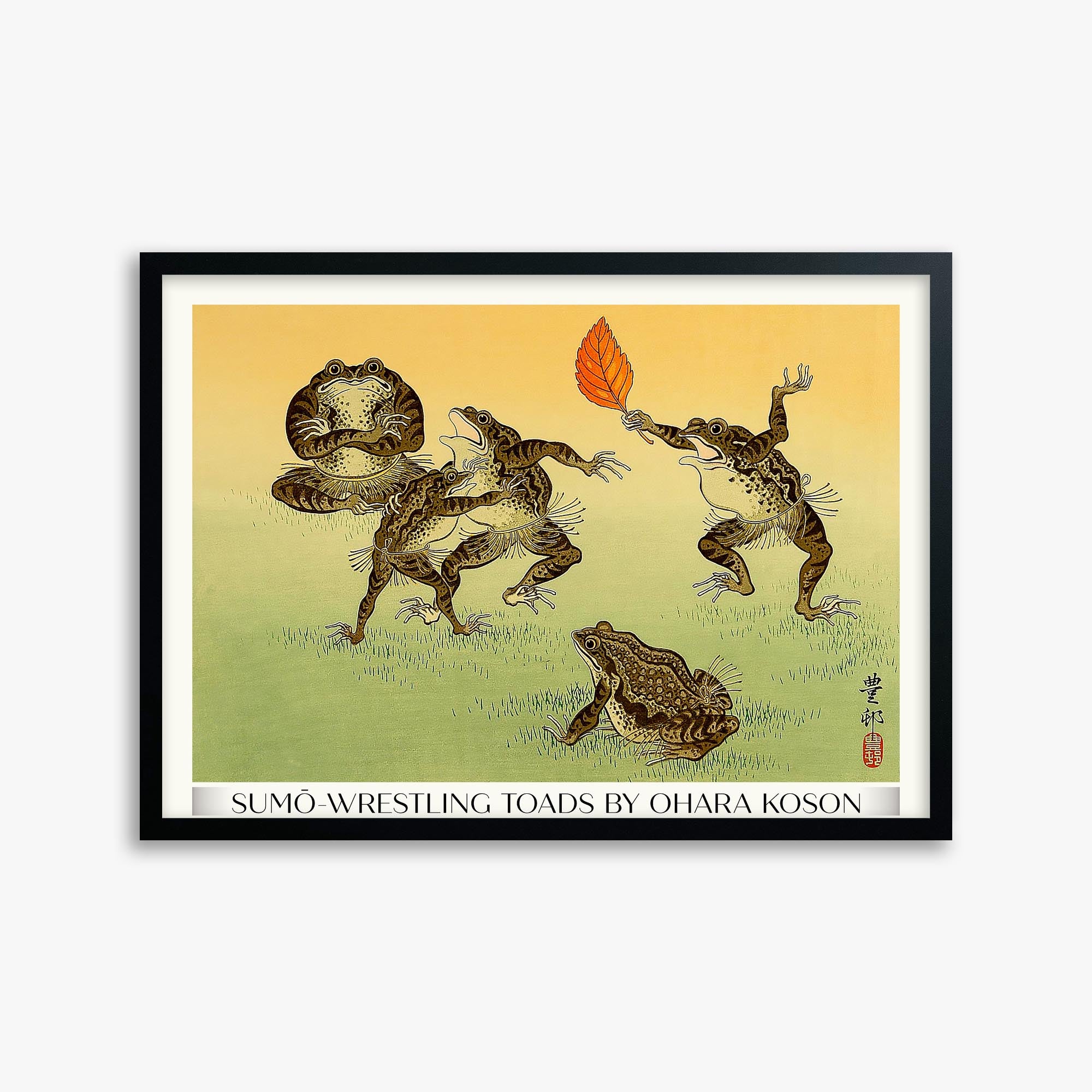 Ohara Koson: Sumo-wrestling Toads - Gallery-Style 50x70 cm Art Reproduction With Black Frame