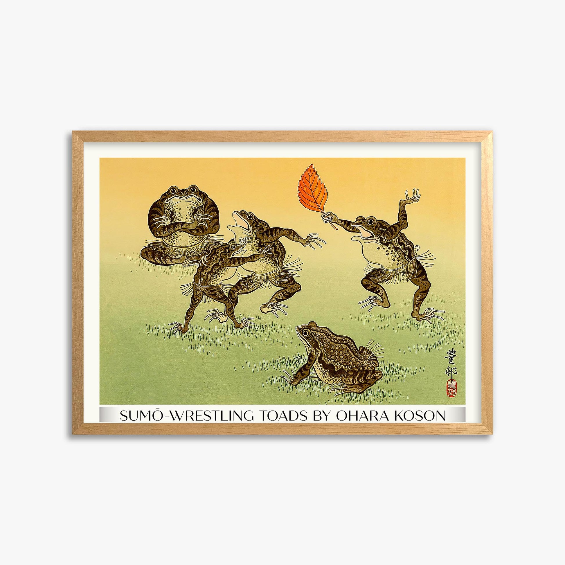 Ohara Koson: Sumo-wrestling Toads - Gallery-Style 50x70 cm Art Reproduction With Oak Frame