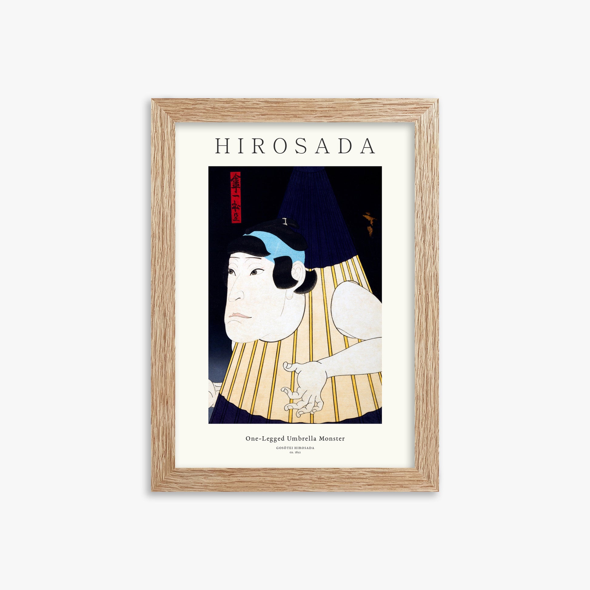 Gosōtei Hirosada: One-Legged Umbrella Monster - Gallery-style, 21x30cm Framed Art Reproduction With Raw Oak Frame
