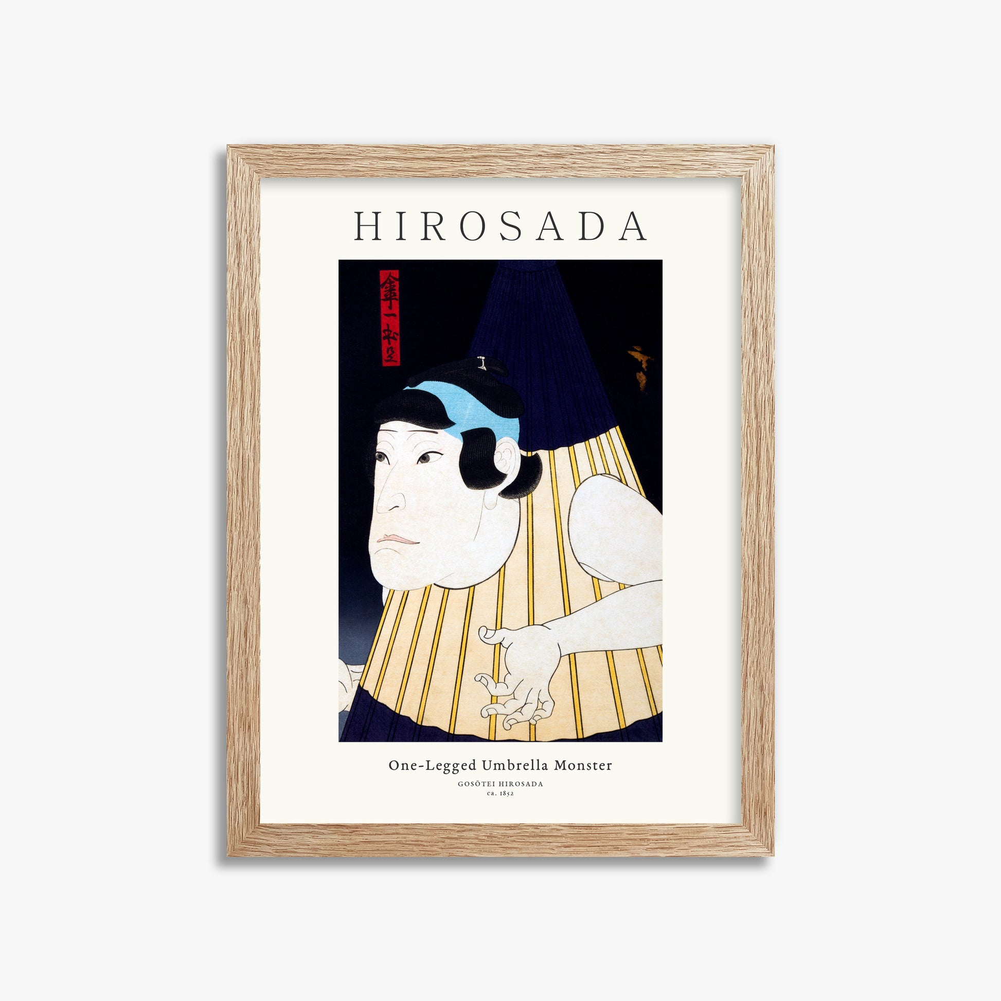 Gosōtei Hirosada: One-Legged Umbrella Monster - Gallery-style, 30x40cm Framed Art Reproduction With Raw Oak Frame