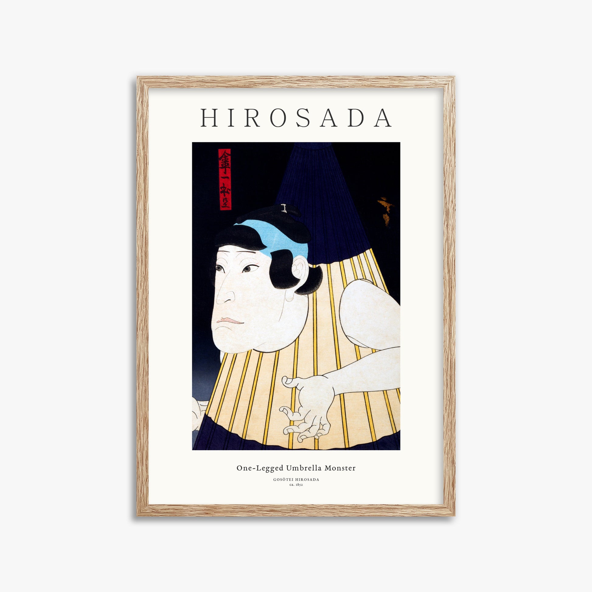Gosōtei Hirosada: One-Legged Umbrella Monster - Gallery-style, 50x70cm Framed Art Reproduction With Raw Oak Frame