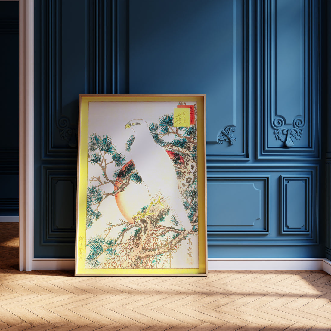Nakayama Sûgakudô: White Falcon and Five-needled Pine, 50x70cm Black Framed Art Reproduction
