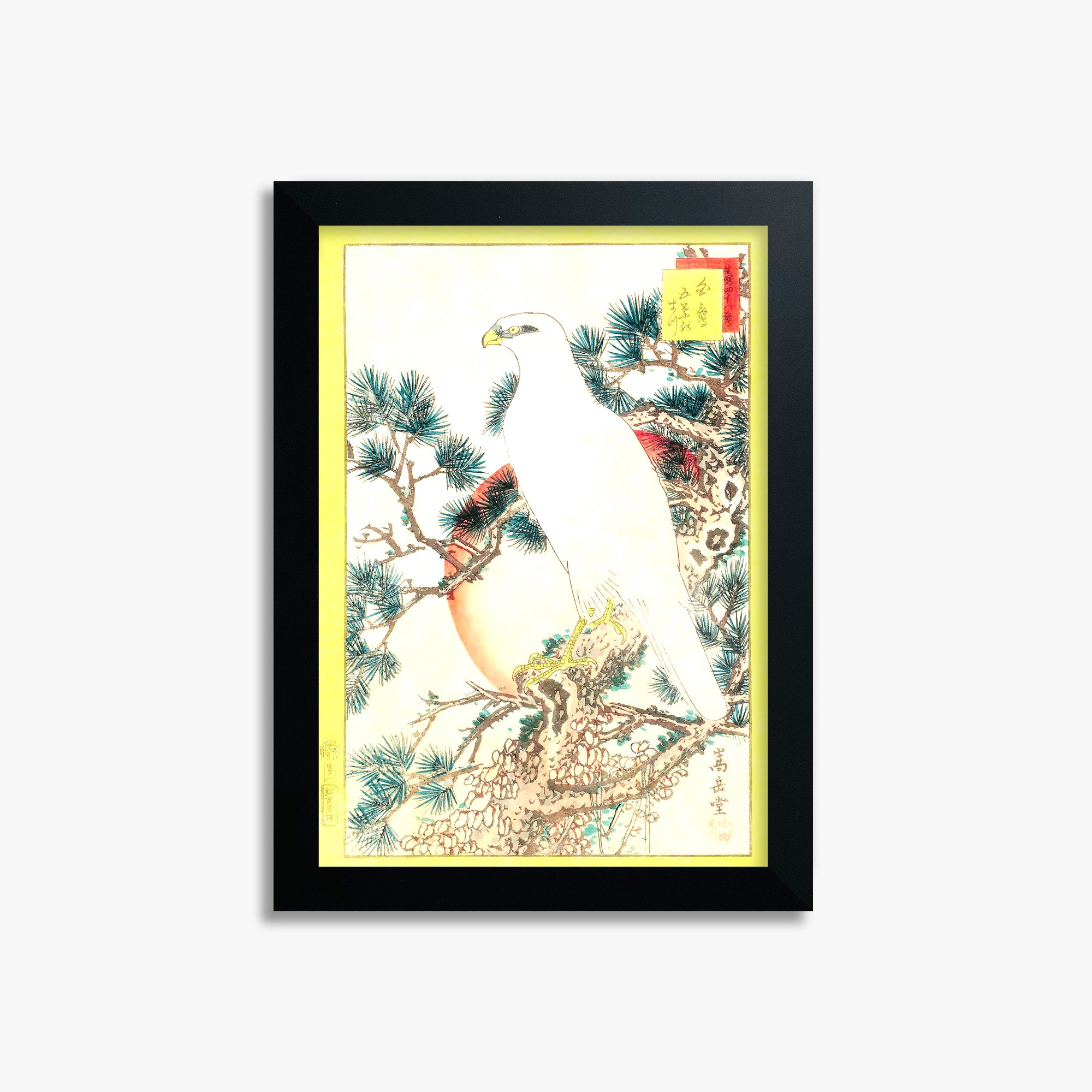 Nakayama Sûgakudô: White Falcon and Five-needled Pine, 21x30cm Black Framed Art Reproduction