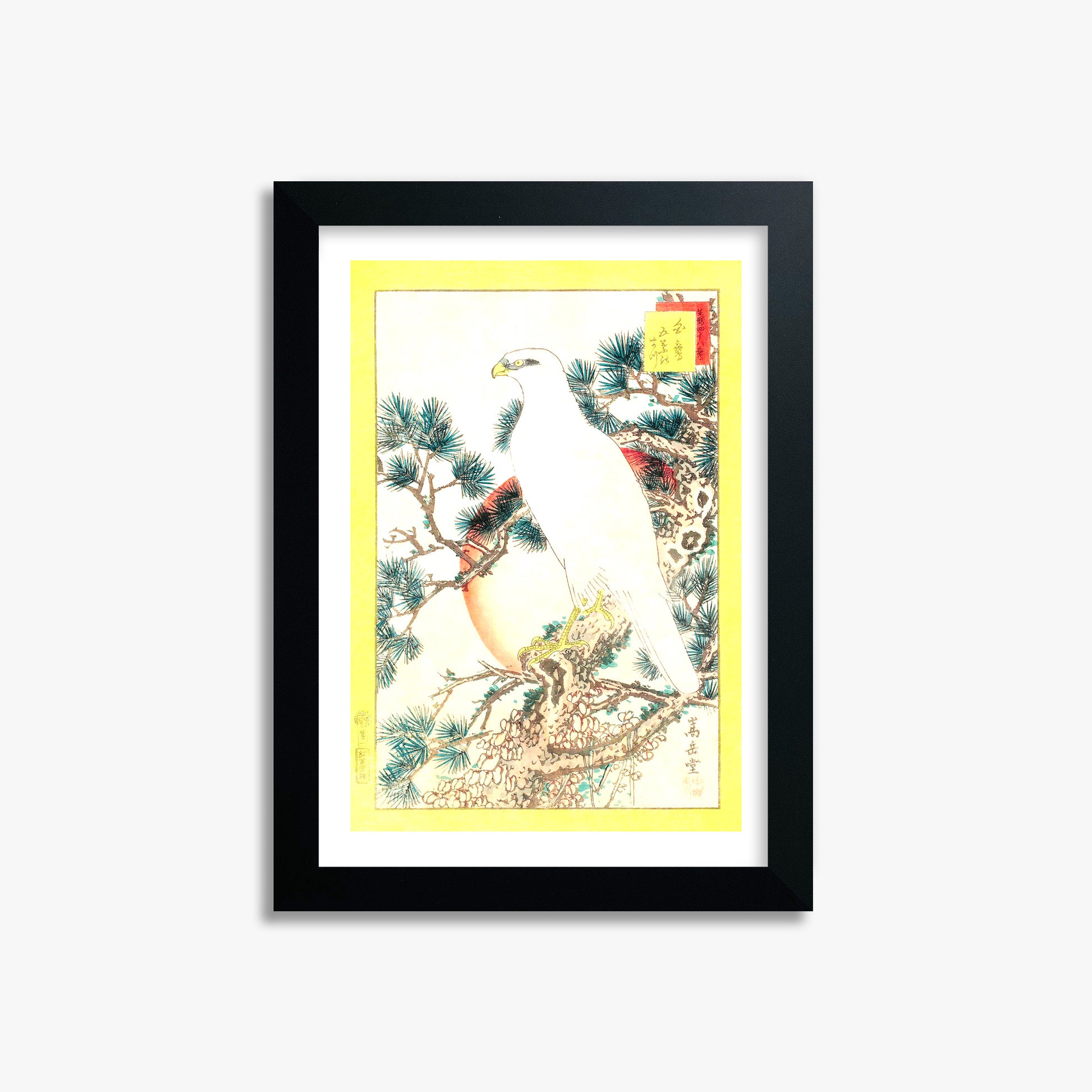 Nakayama Sûgakudô: White Falcon and Five-needled Pine, 21x30cm Black Framed Art Reproduction