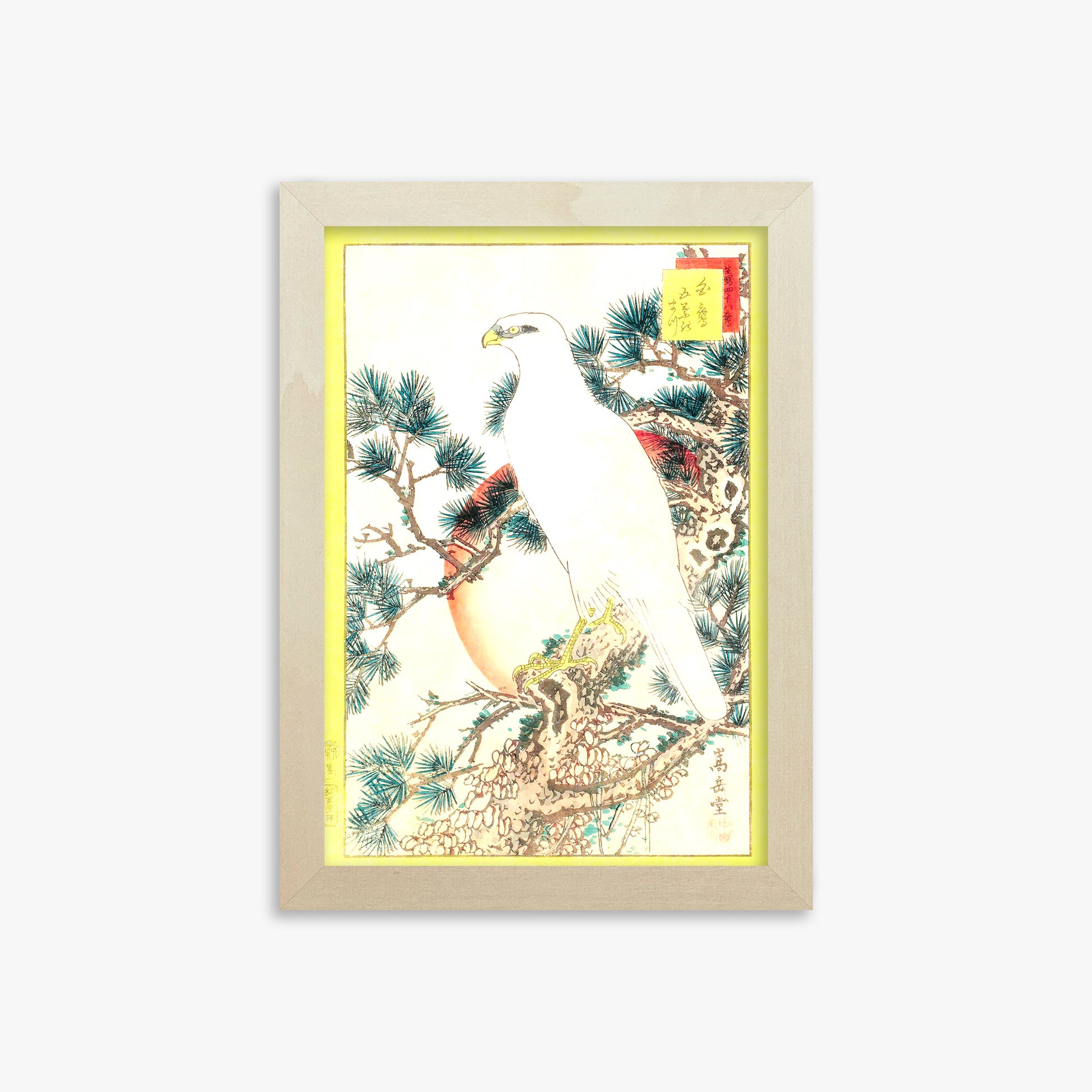 Nakayama Sûgakudô: White Falcon and Five-needled Pine, 21x30cm Framed Art Reproduction With Lime Wood Frame