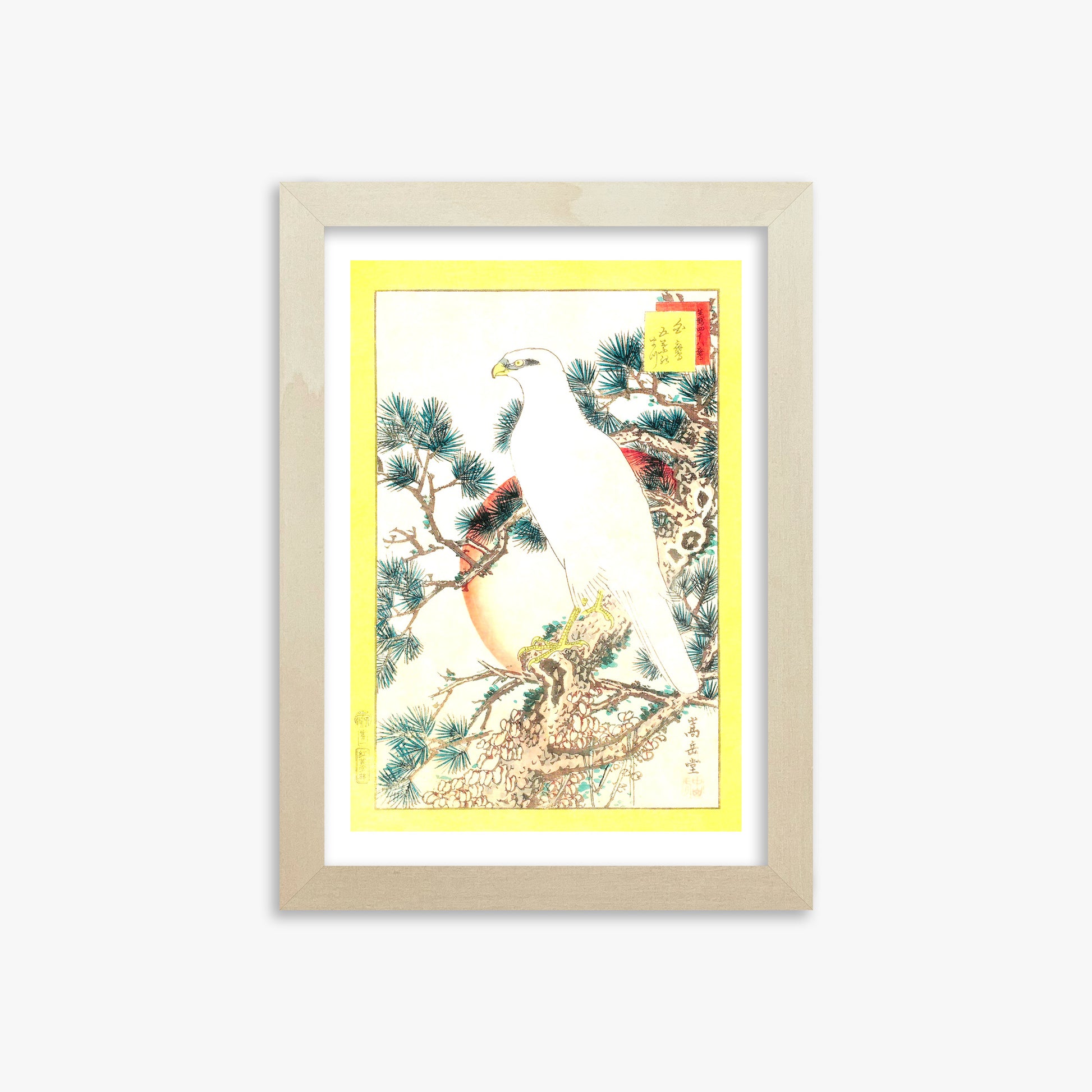 Nakayama Sûgakudô: White Falcon and Five-needled Pine, 21x30cm Framed Art Reproduction With Lime Wood Frame