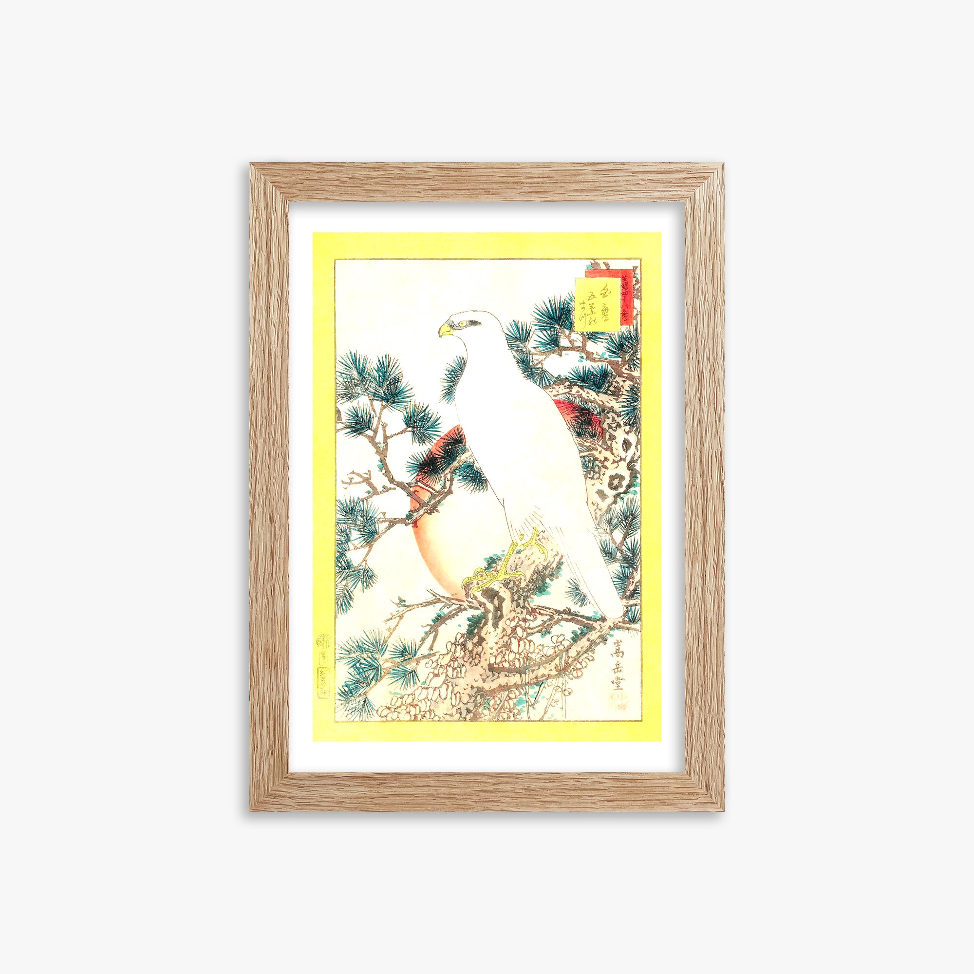 Nakayama Sûgakudô: White Falcon and Five-needled Pine, 21x30cm Framed Art Reproduction With Raw Oak Frame