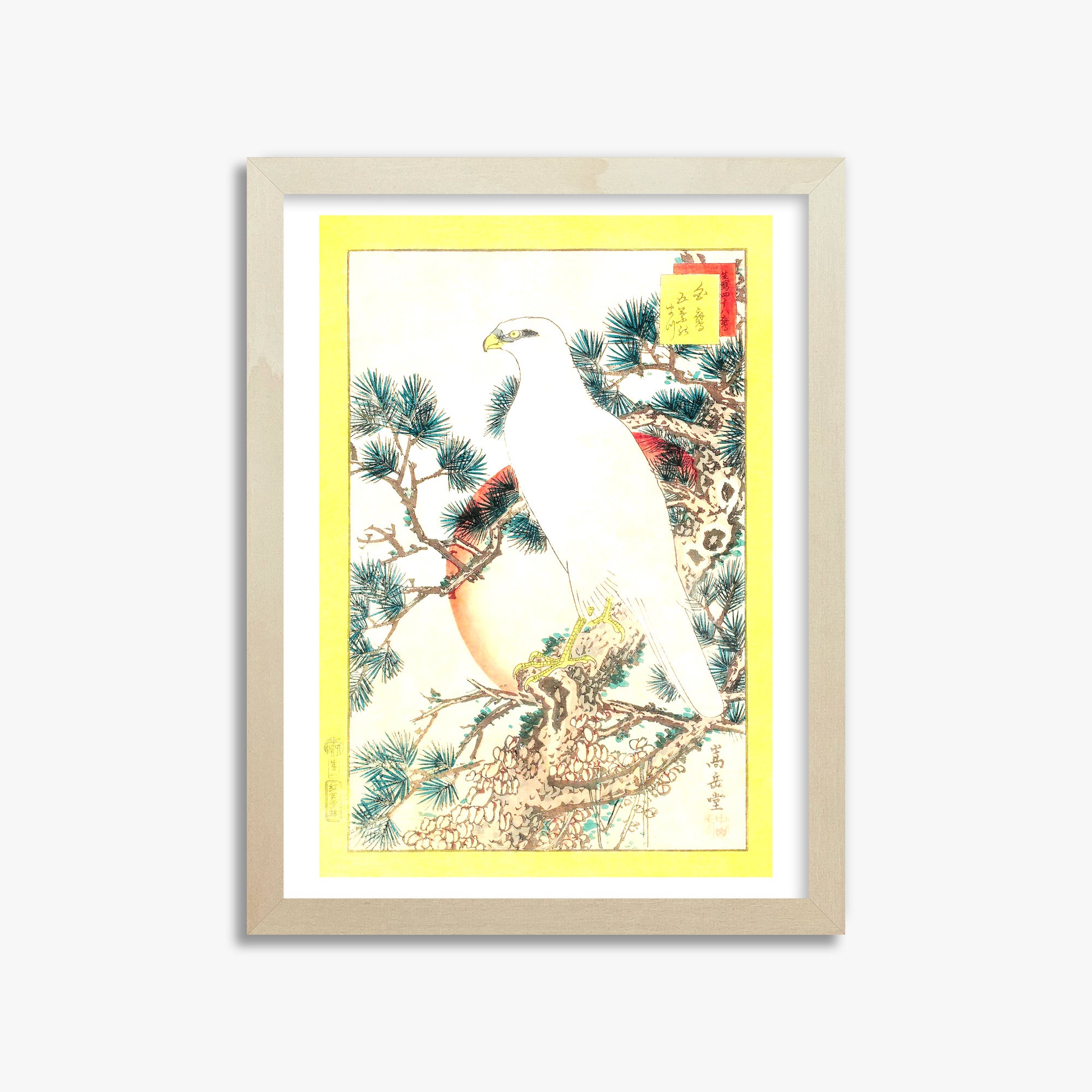 Nakayama Sûgakudô: White Falcon and Five-needled Pine, 30x40cm Framed Art Reproduction With Lime Wood Frame