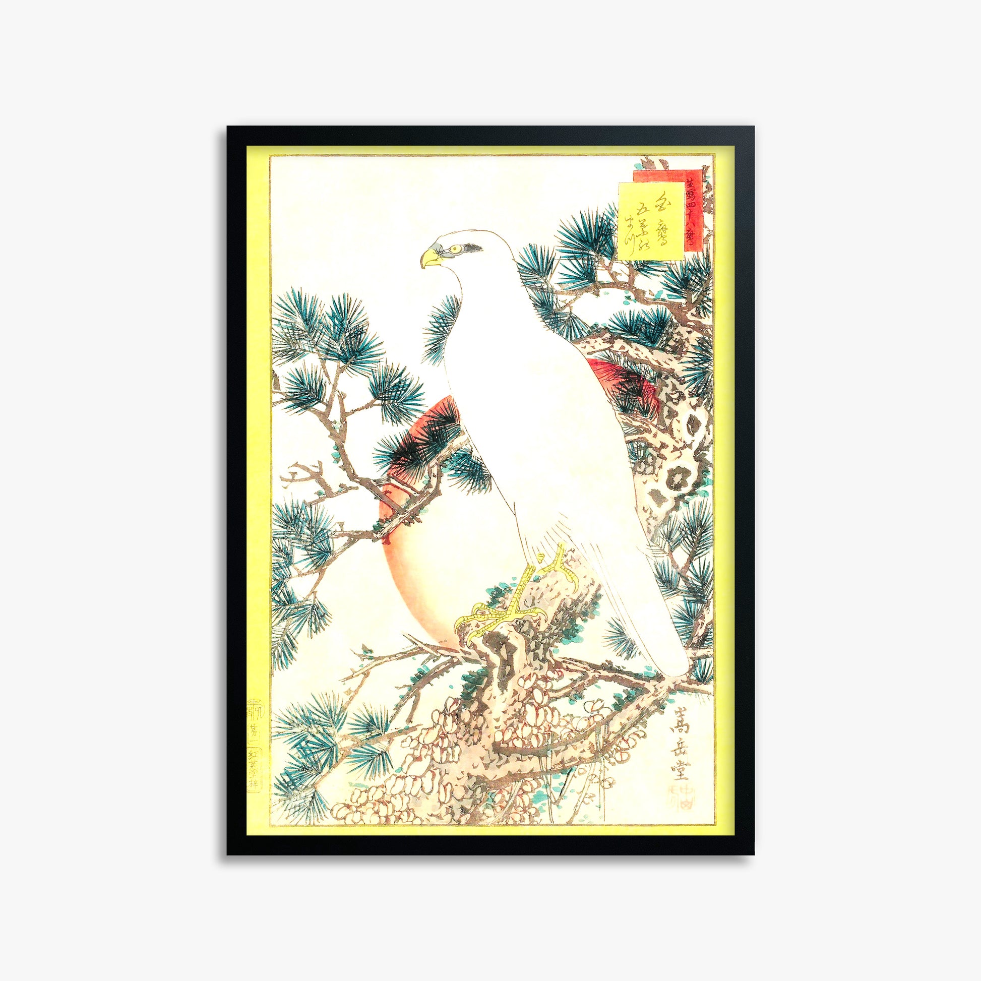 Nakayama Sûgakudô: White Falcon and Five-needled Pine, 50x70cm Black Framed Art Reproduction