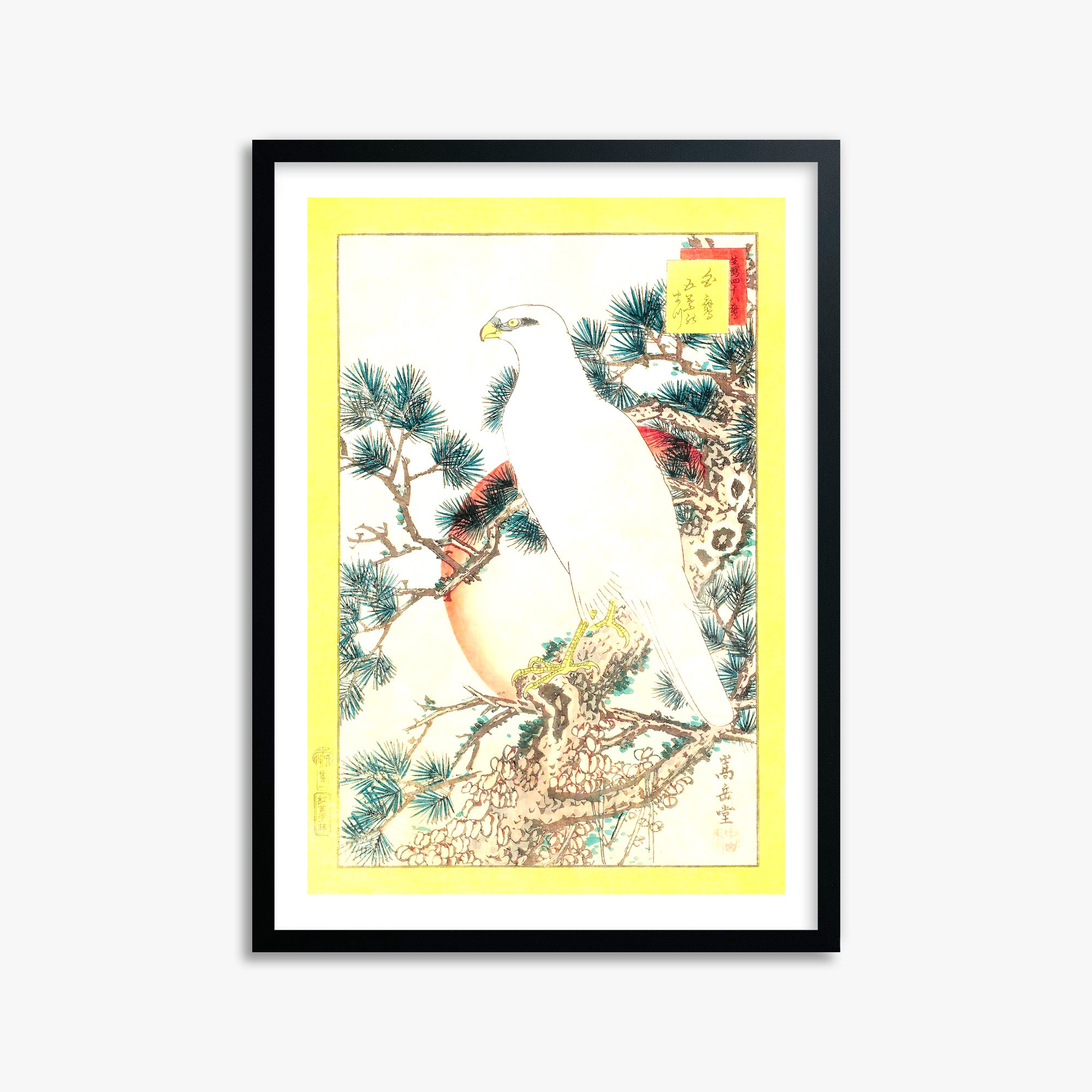 Nakayama Sûgakudô: White Falcon and Five-needled Pine, 50x70cm Black Framed Art Reproduction