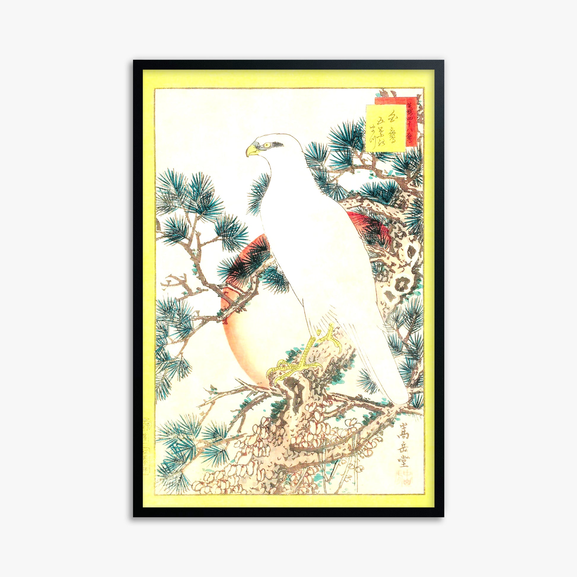 Nakayama Sûgakudô: White Falcon and Five-needled Pine, 61x91cm Black Framed Art Reproduction