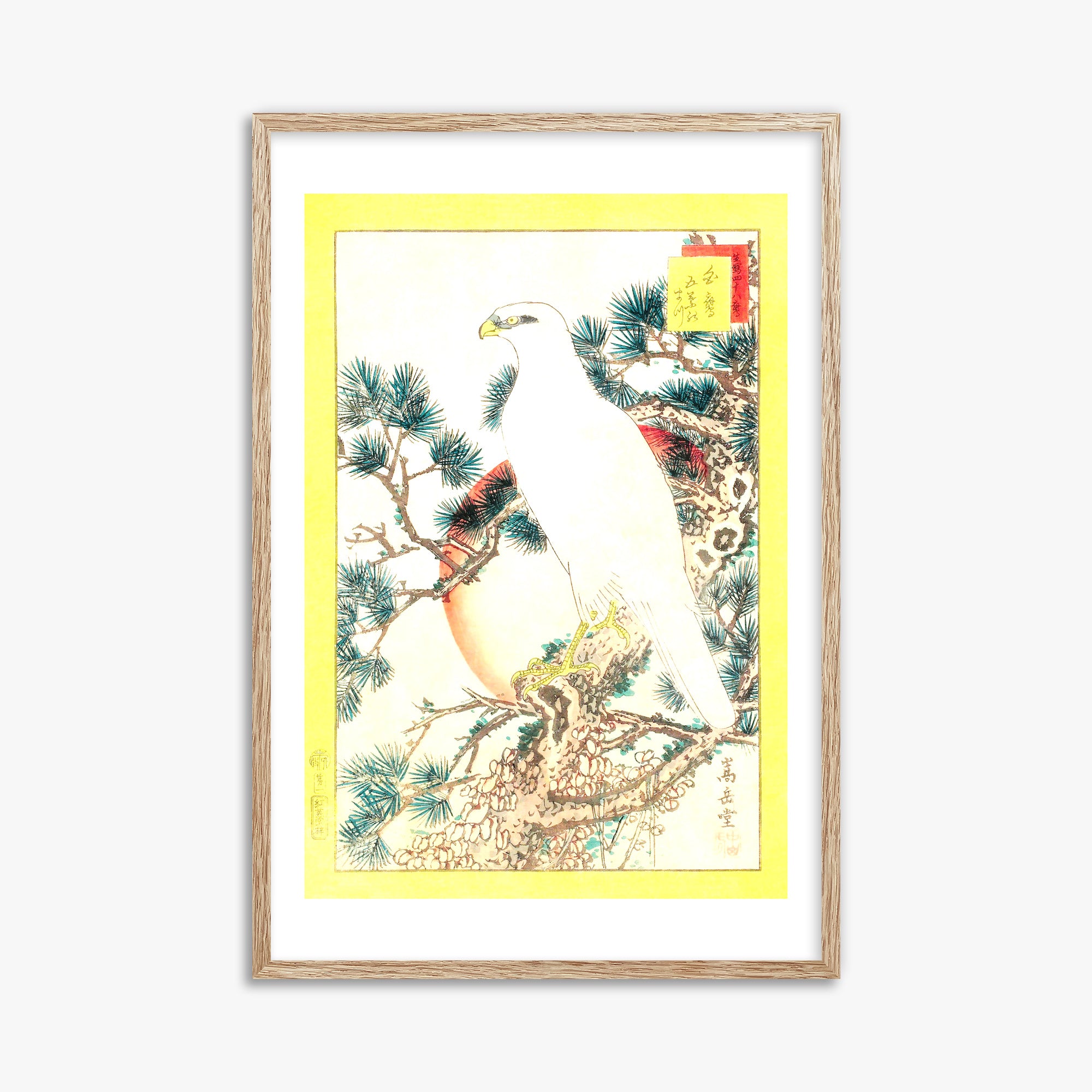 Nakayama Sûgakudô: White Falcon and Five-needled Pine, 61x91cm Framed Art Reproduction With Raw Oak Frame
