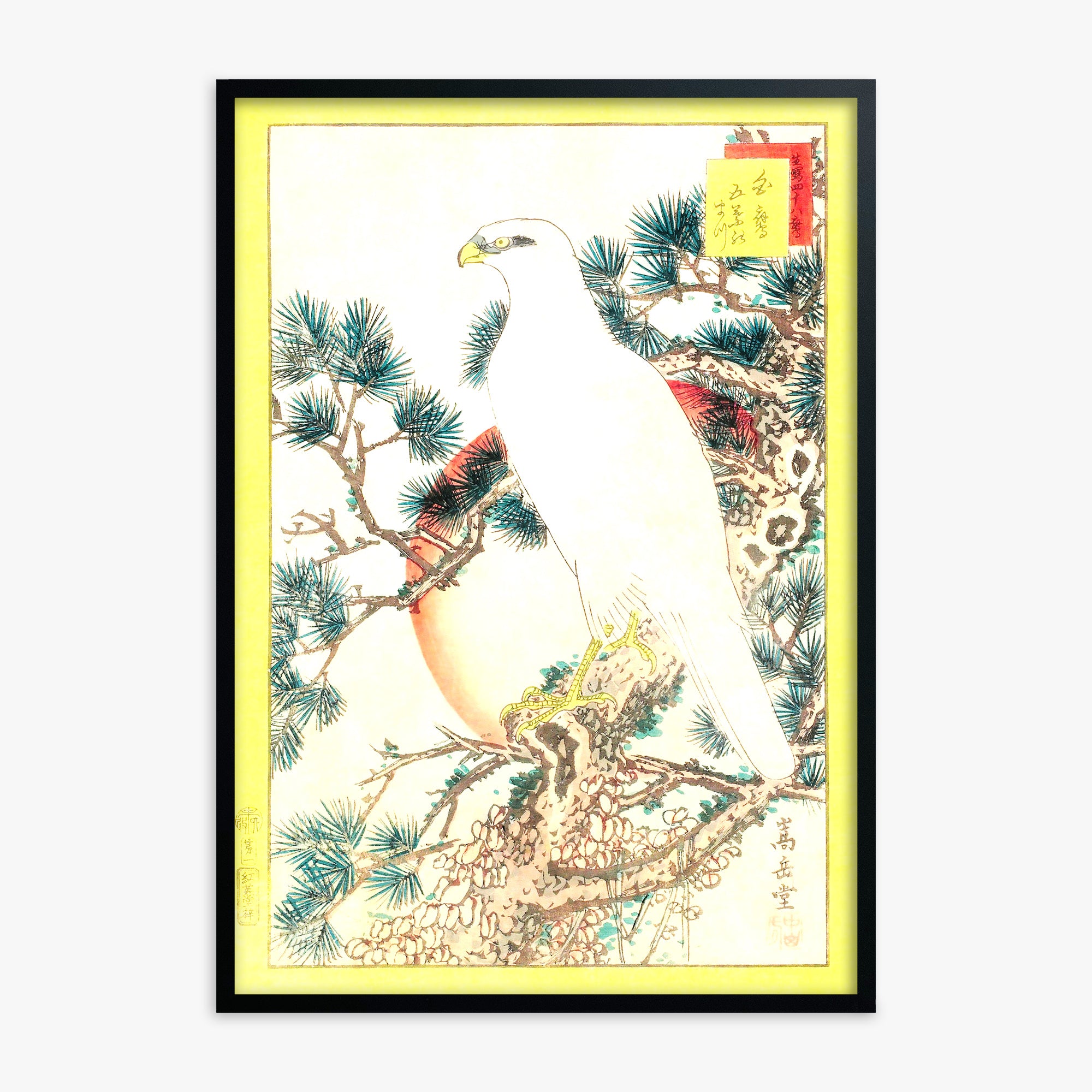 Nakayama Sûgakudô: White Falcon and Five-needled Pine, 70x100cm Black Framed Art Reproduction