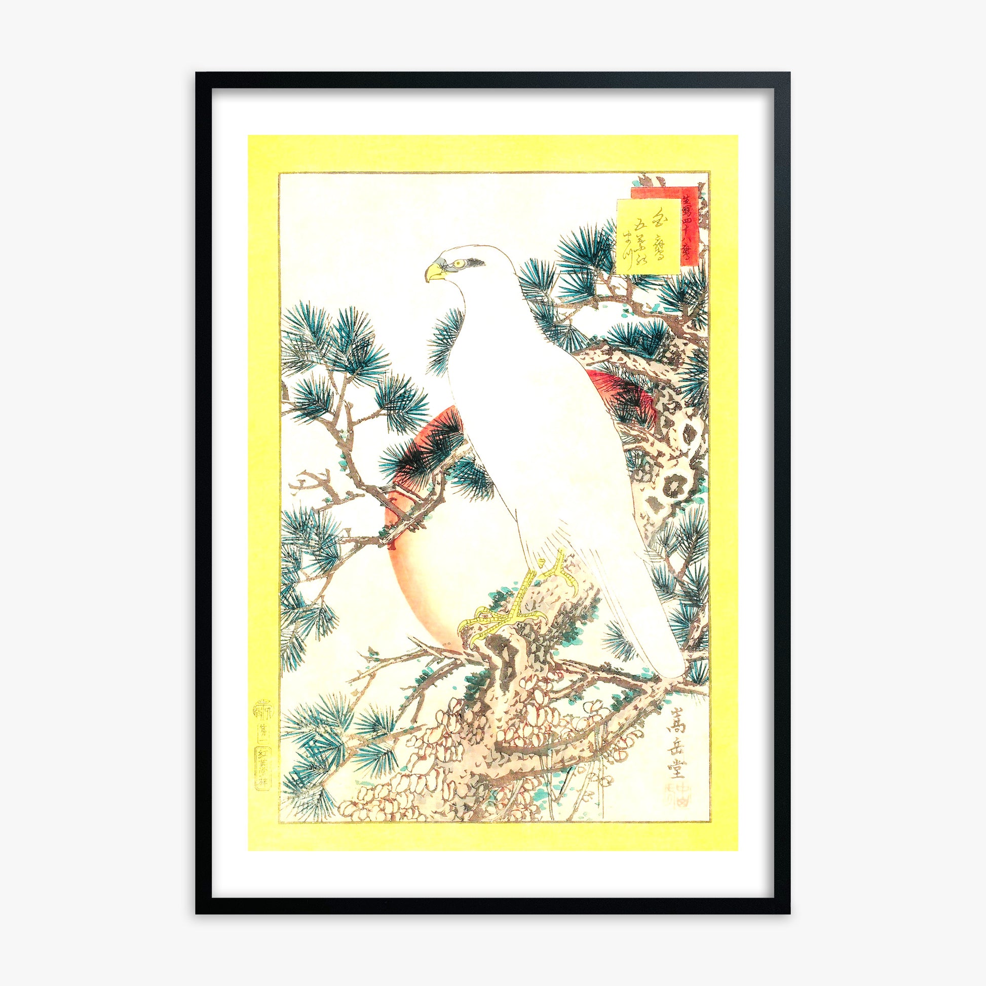 Nakayama Sûgakudô: White Falcon and Five-needled Pine, 70x100cm Black Framed Art Reproduction