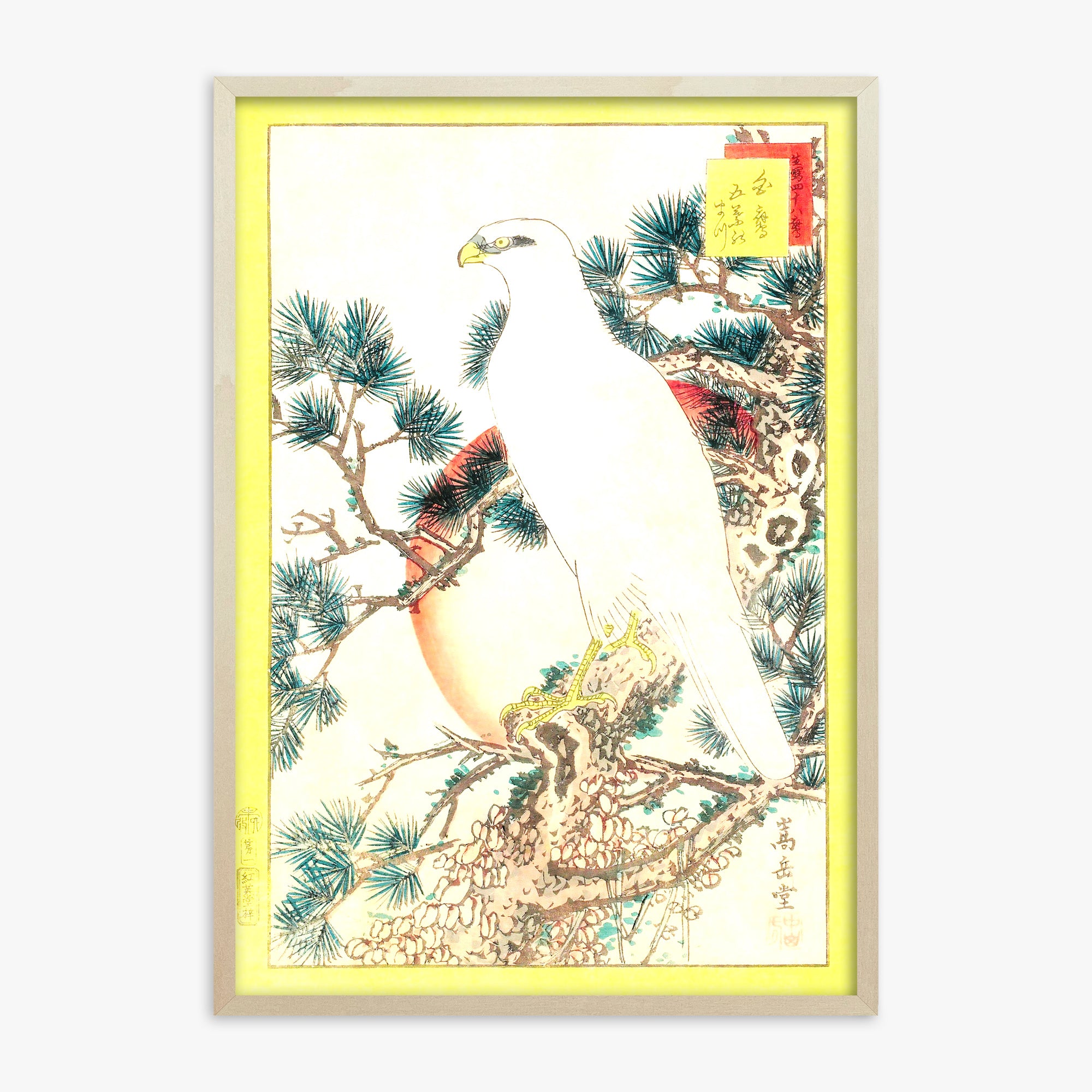 Nakayama Sûgakudô: White Falcon and Five-needled Pine, 70x100cm Framed Art Reproduction With Lime Wood Frame