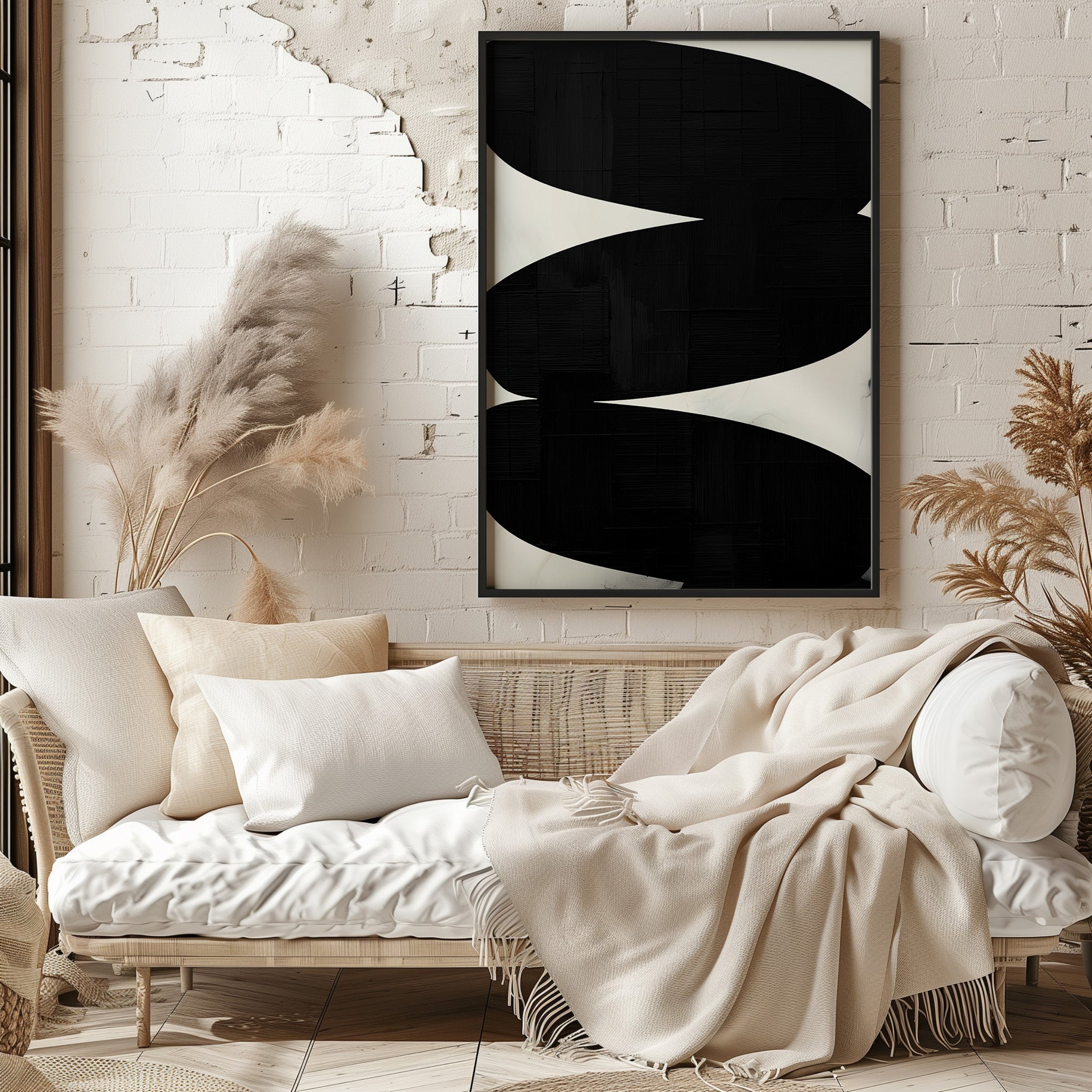 Onyx Trio — Bold Black Curve Abstract Print | Japandi.Art
