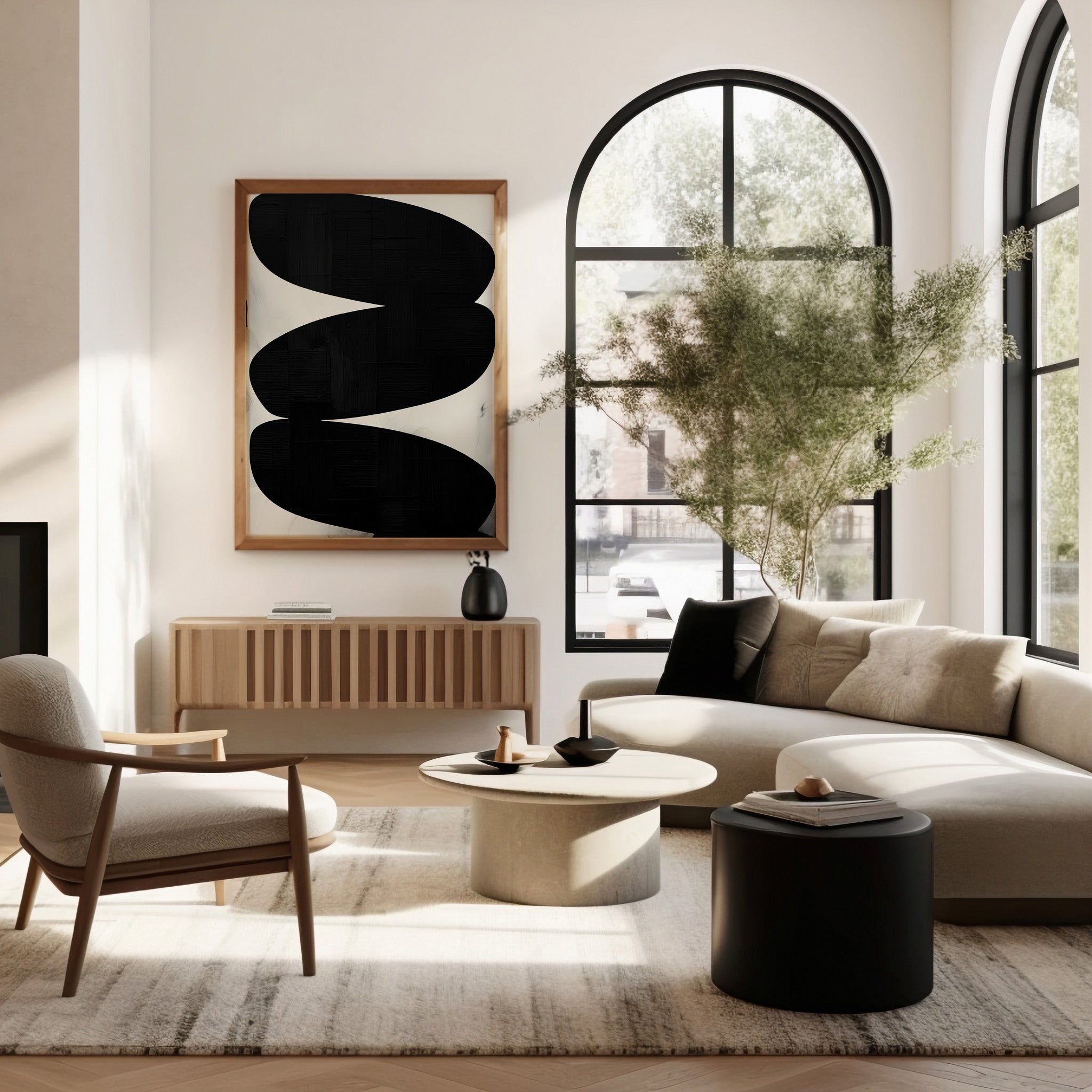 Onyx Trio — Bold Black Curve Abstract Print | Japandi.Art