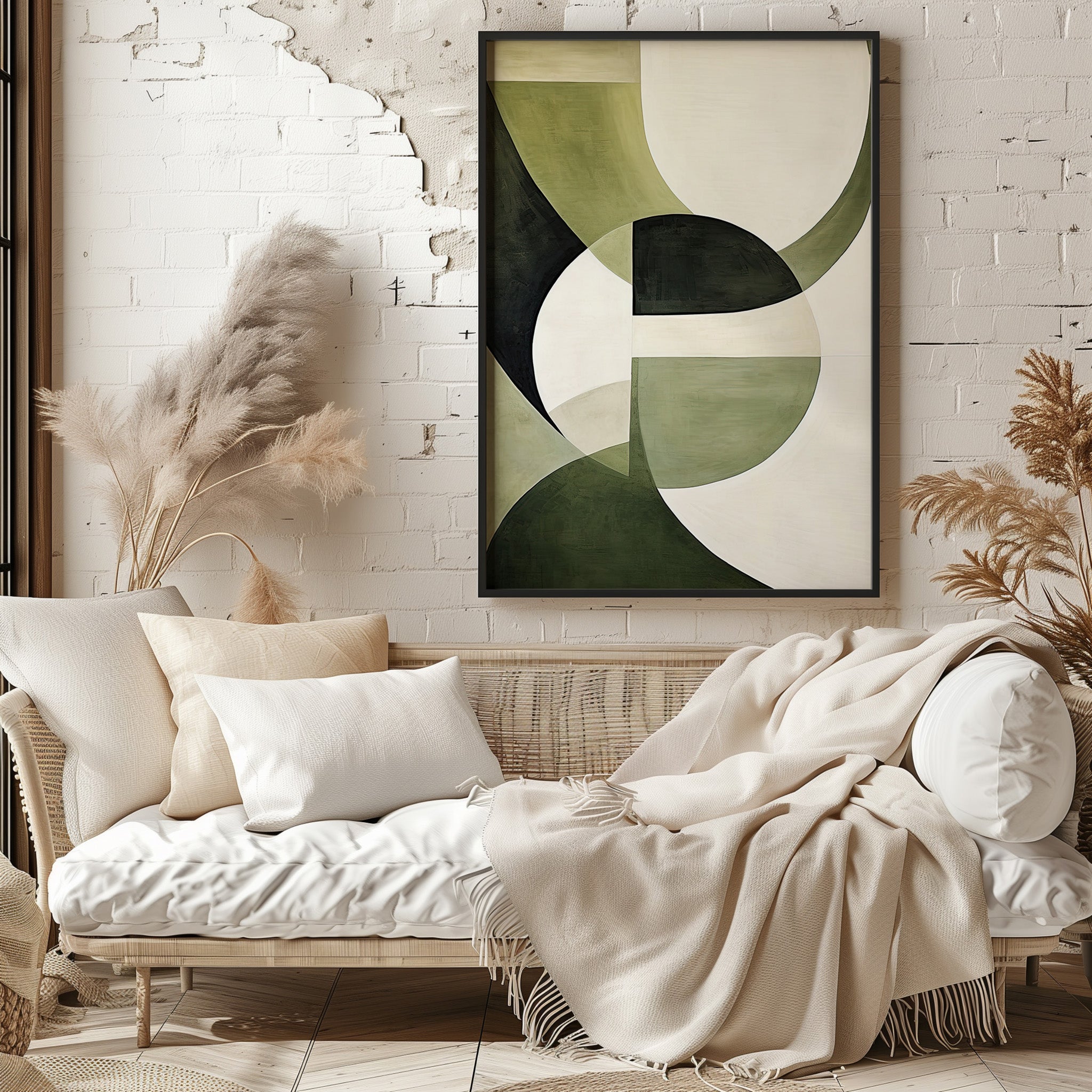 Emerald Eclipse — Olive & Forest Green Geometric Print | Japandi