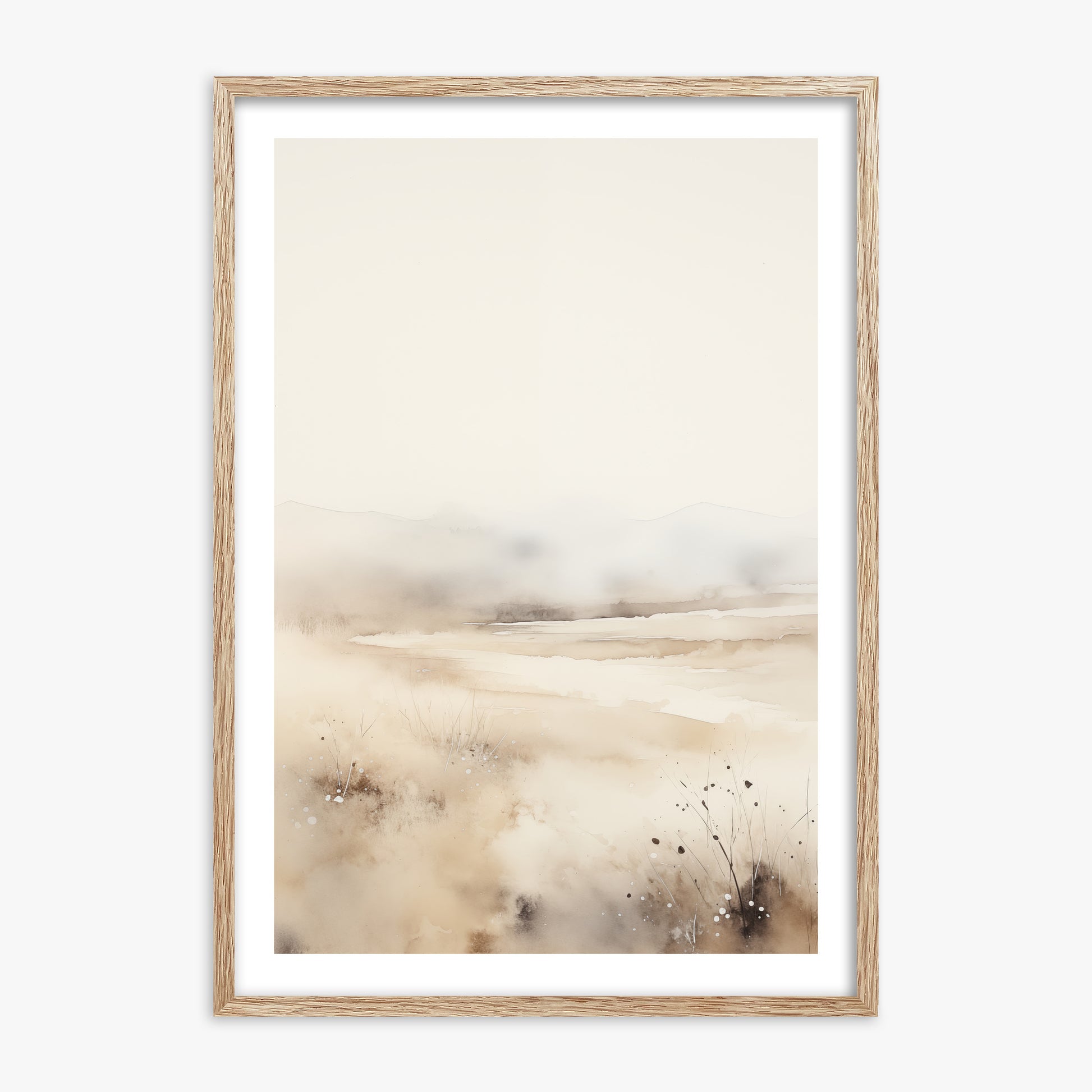 Misty Dunes Horizon, 70x100cm Framed Art Reproduction With Raw Oak Frame