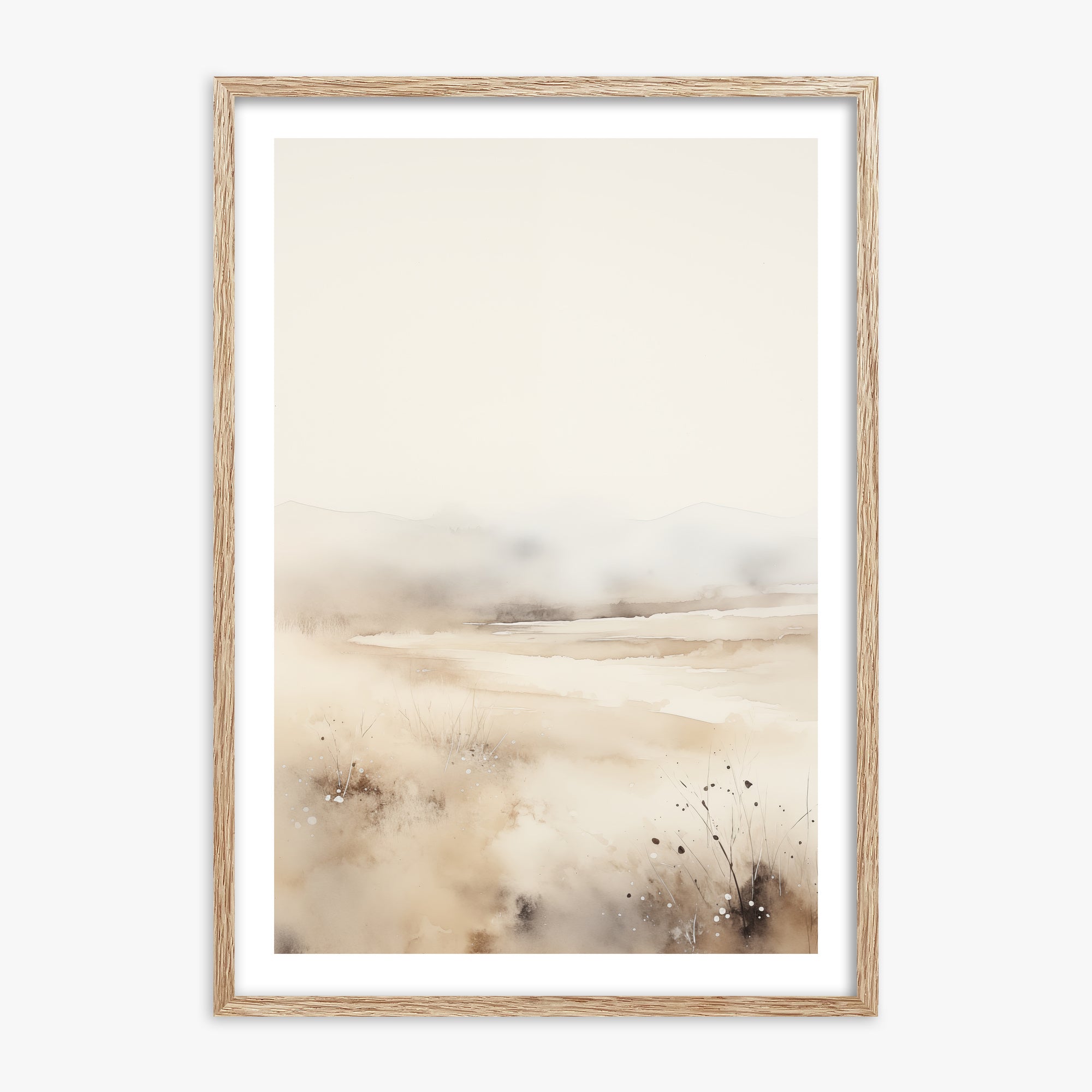 Misty Dunes Horizon, 70x100cm Framed Art Reproduction With Raw Oak Frame
